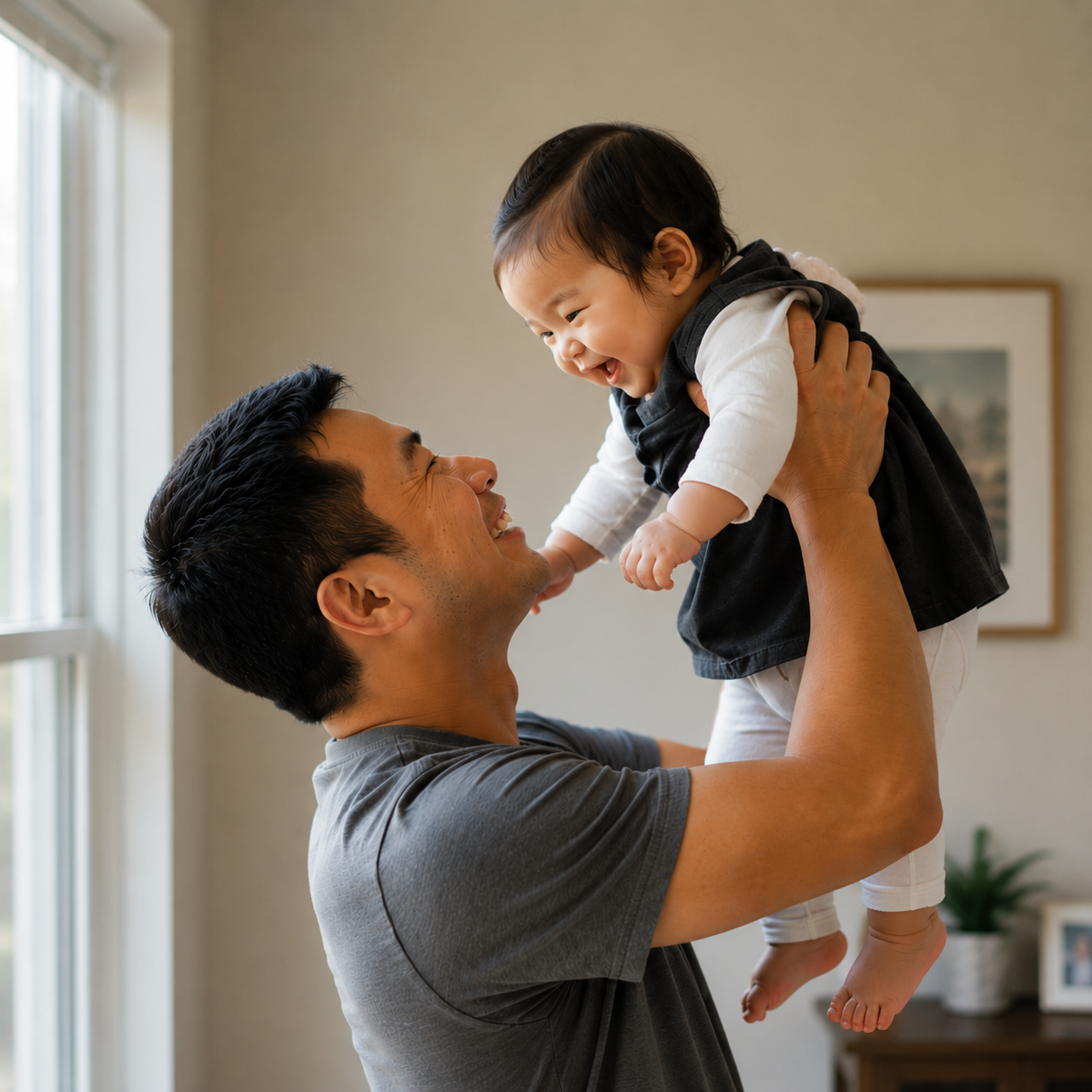 A man lifting a young child in the air, both smiling and joyfully interacting in a home interior.