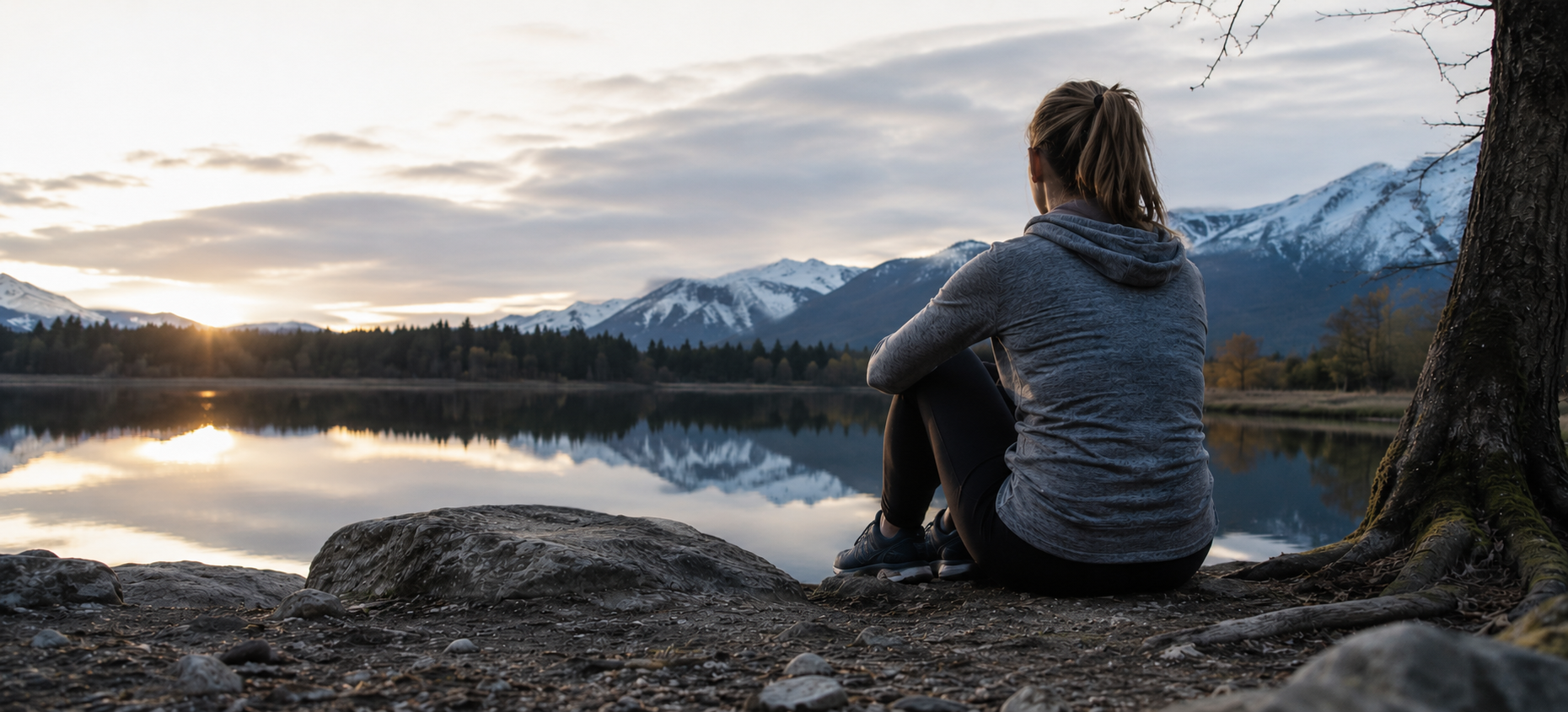 Woman sitting on rocks by a lake at sunset, with mountains and trees in the background.