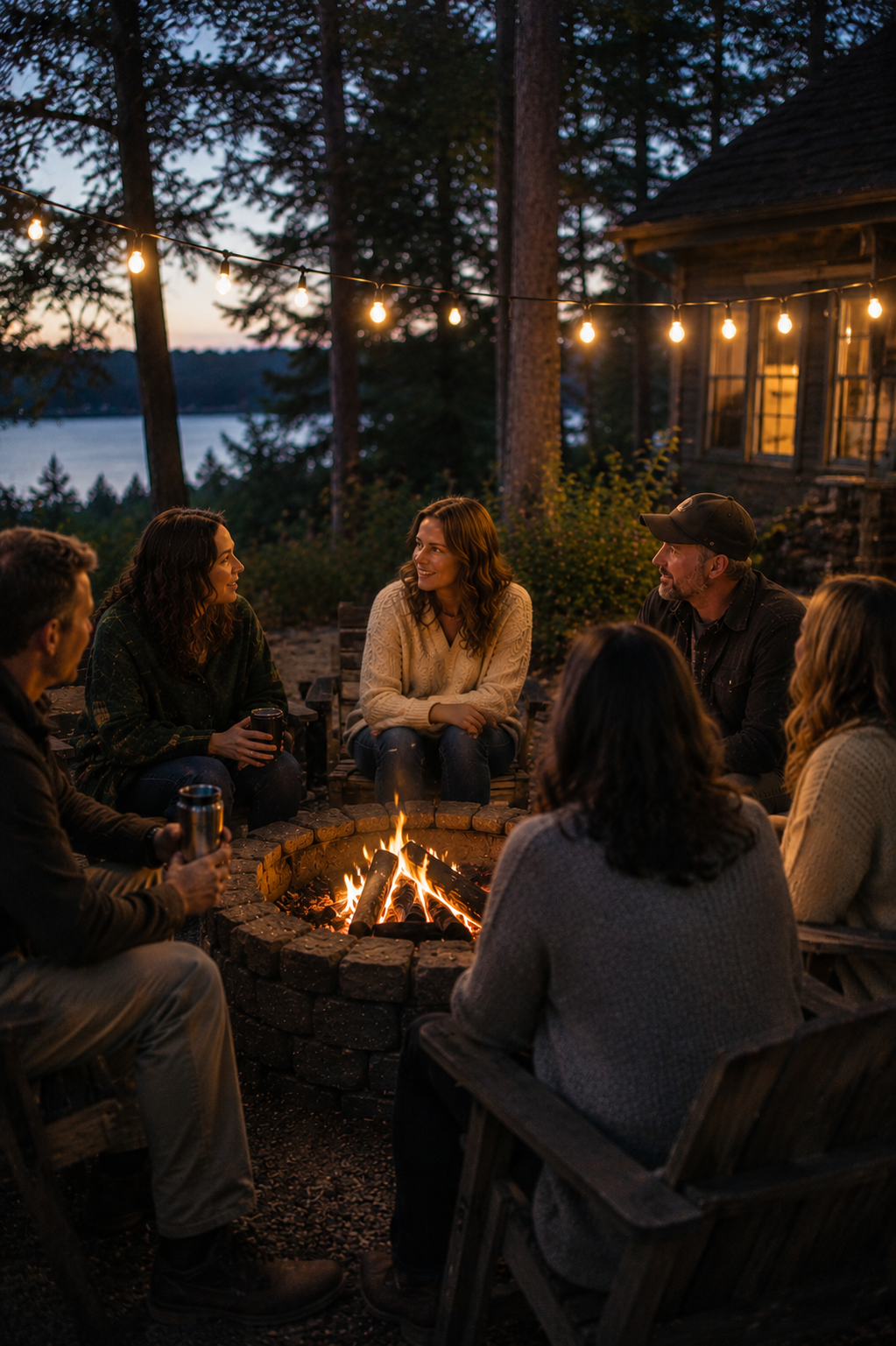 A group of seven friends sitting around a campfire outdoors during sunset, with some holding drinks, in a wooded area with string lights overhead.