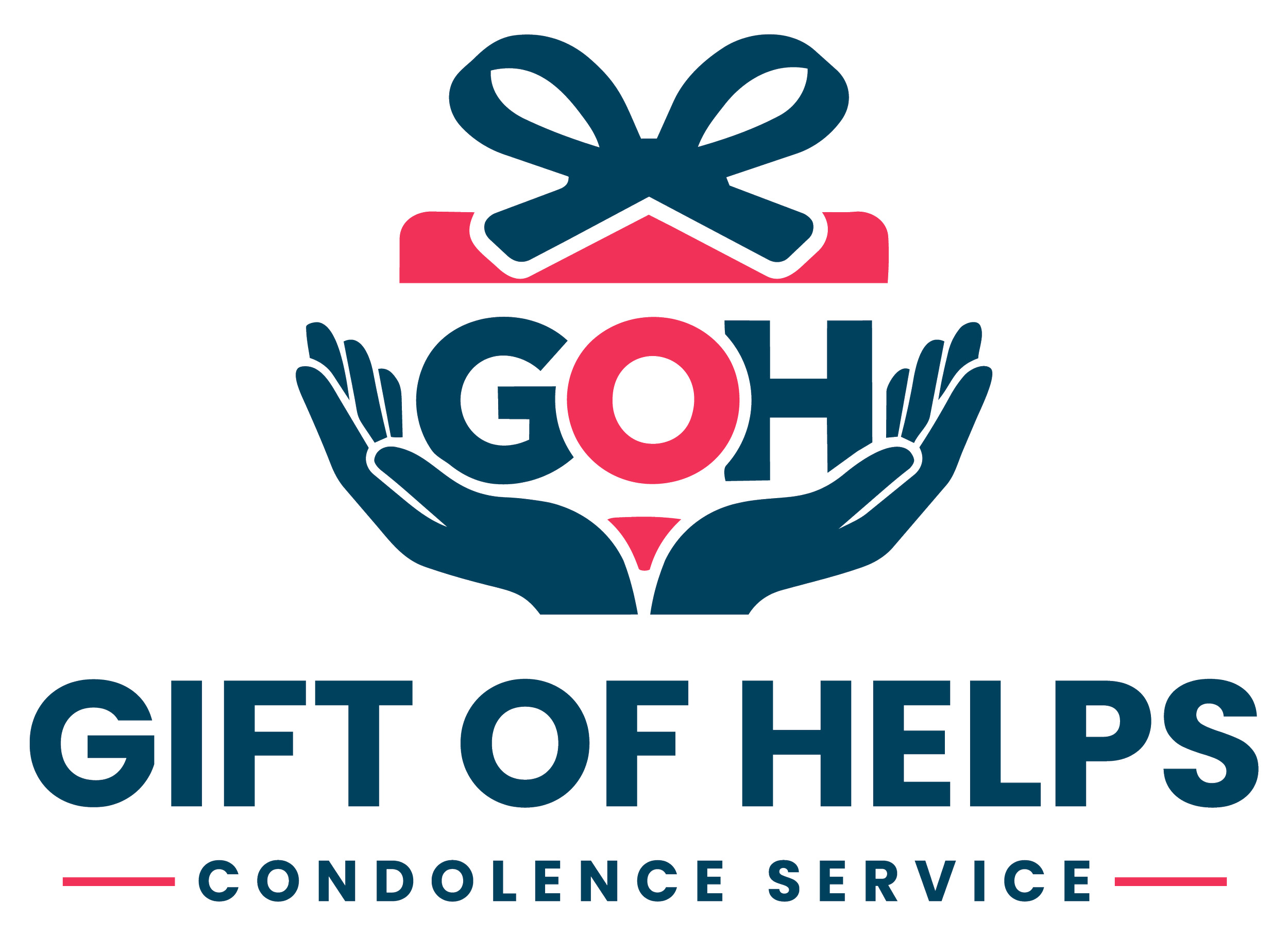 Logo for Gift of Helps Condolence Service featuring hands holding a pink and navy gift box with a bow, and the words "GIFT OF HELPS" and "CONDOLENCE SERVICE."