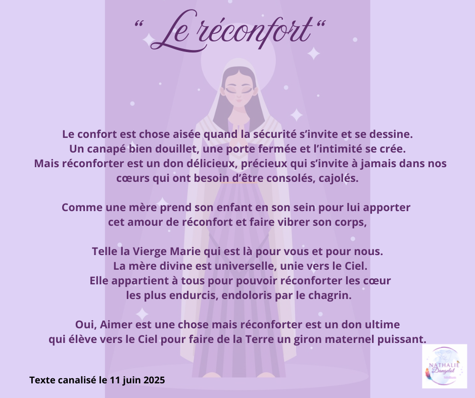 Une image avec un fond violet clair, une illustration d'une vierge Marie en silhouette, et un texte en français parlant du confort et de l'amour divin, avec une citation en haut 'Le réconfort' et un logo en coin en bas à droite.