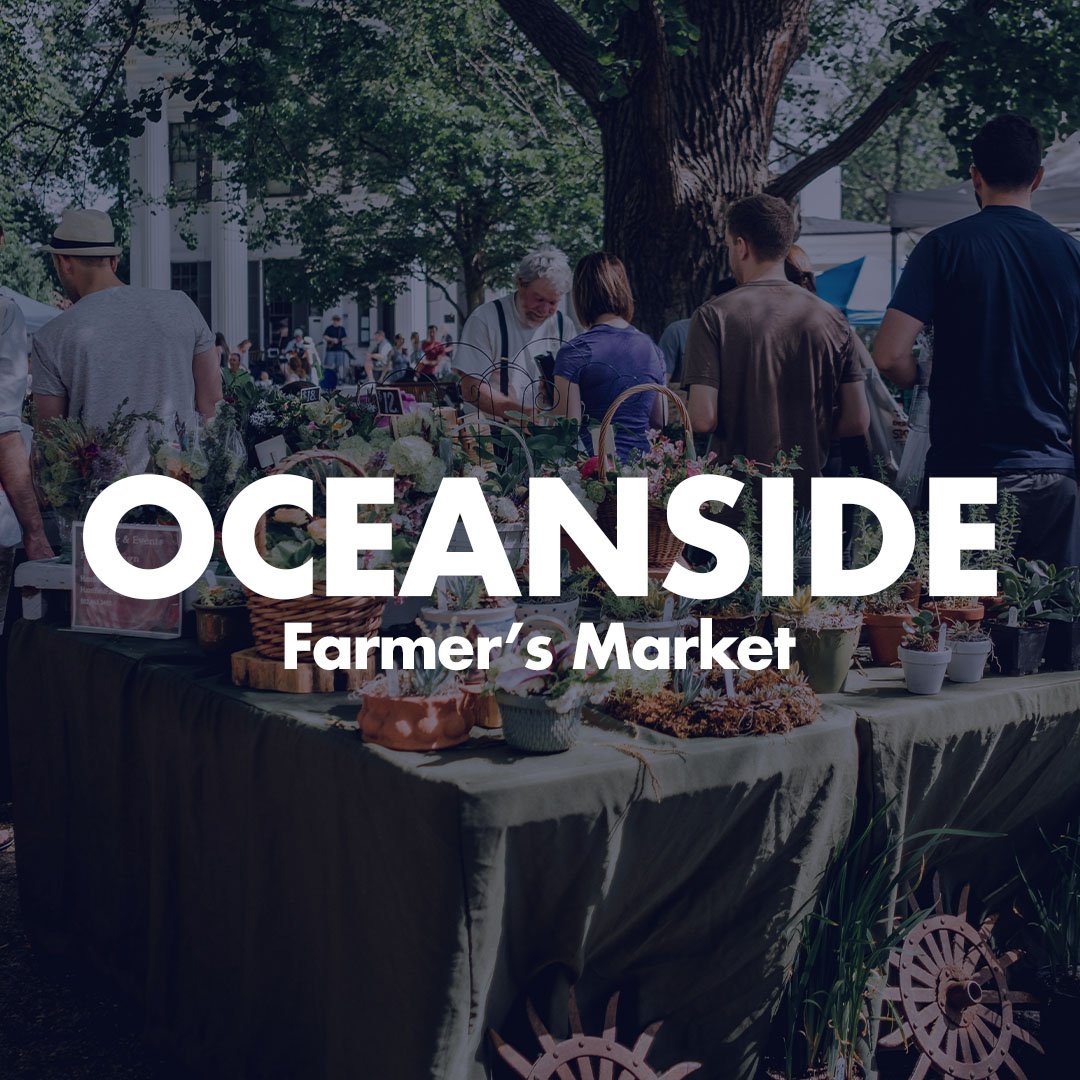A farmer's market with people shopping outdoors under trees, with various plants and flowers on display at the stall. Large text overlay reads 'OCEANSIDE Farmer's Market'.