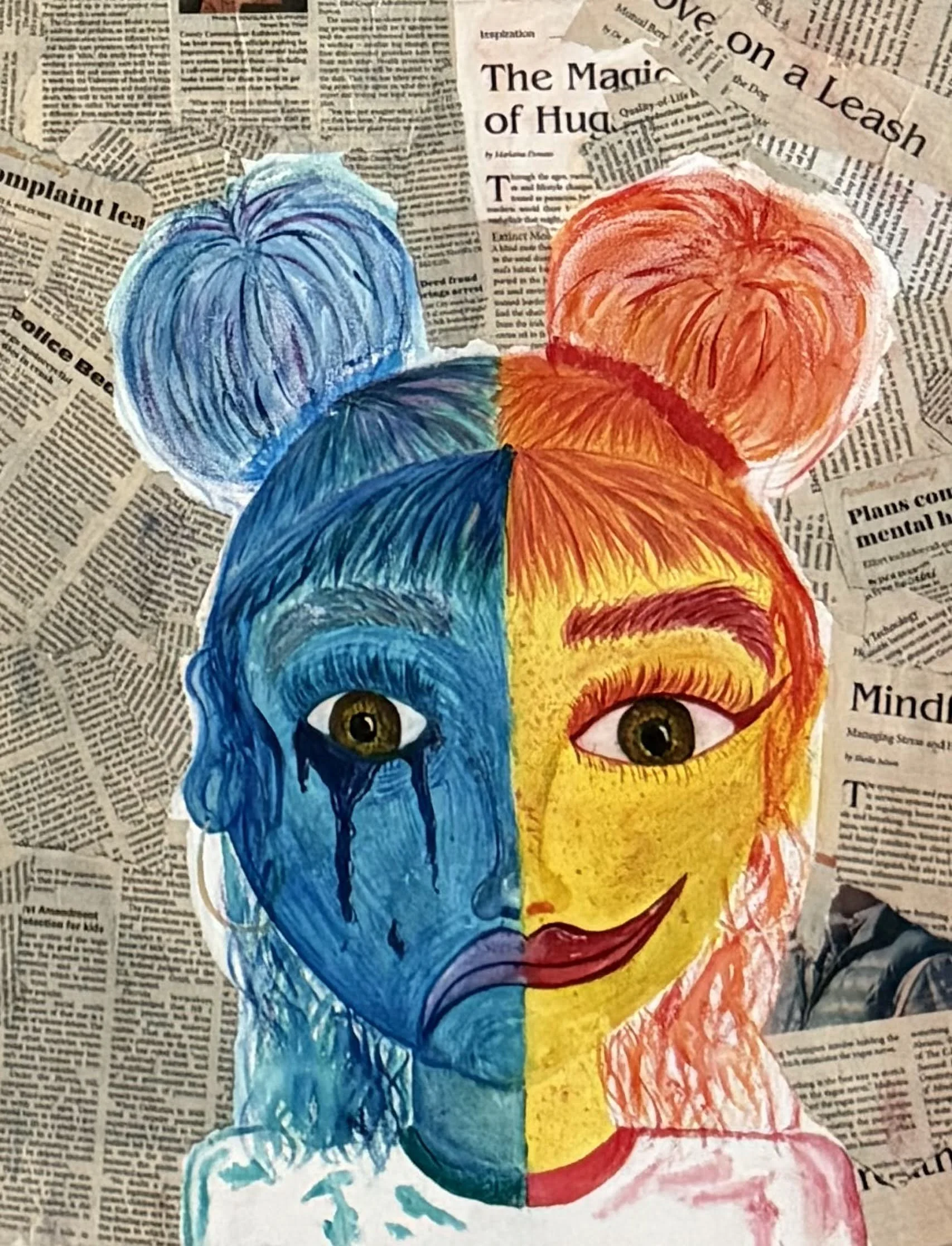 A mixed media artwork features a split portrait of a woman with half painted in cold blue tones and the other half in warm yellow and red tones. The blue side shows a sad, crying expression, while the yellow side has a happy, smiling expression. The background is made of torn newspaper pages.