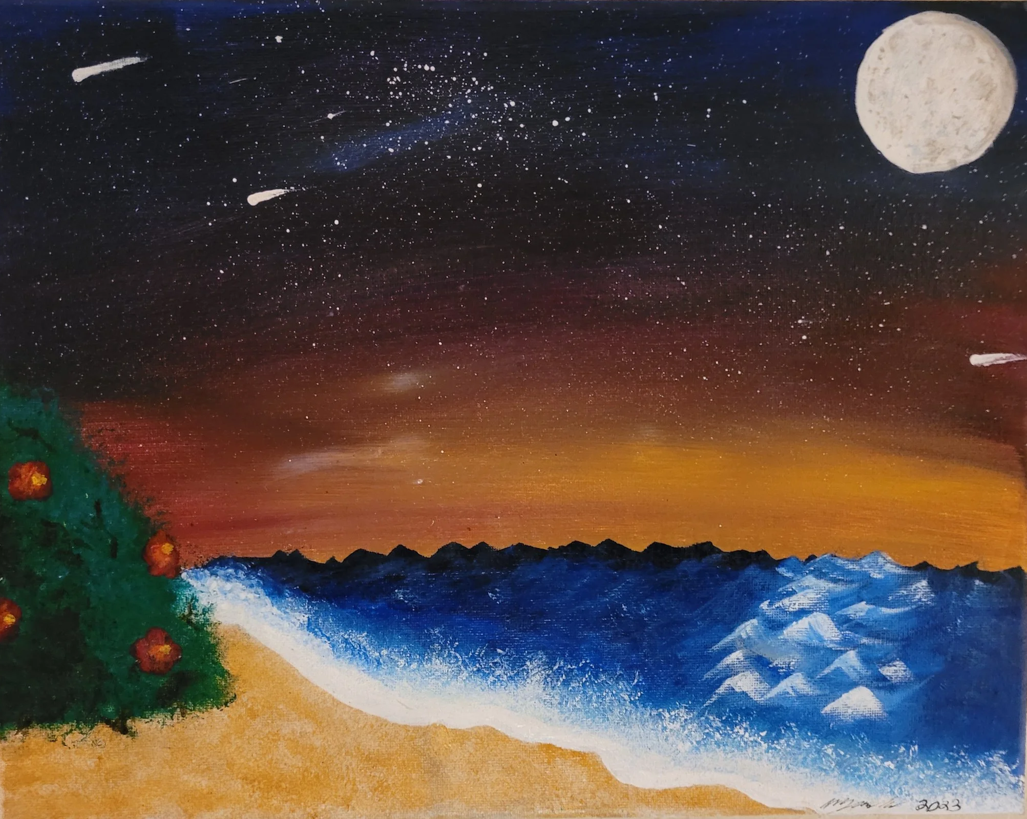Painting of a beach scene at night with a full moon, shooting stars, a starry sky, a mountain range in the background, blue ocean waves, and a green Christmas tree with red ornaments in the foreground.