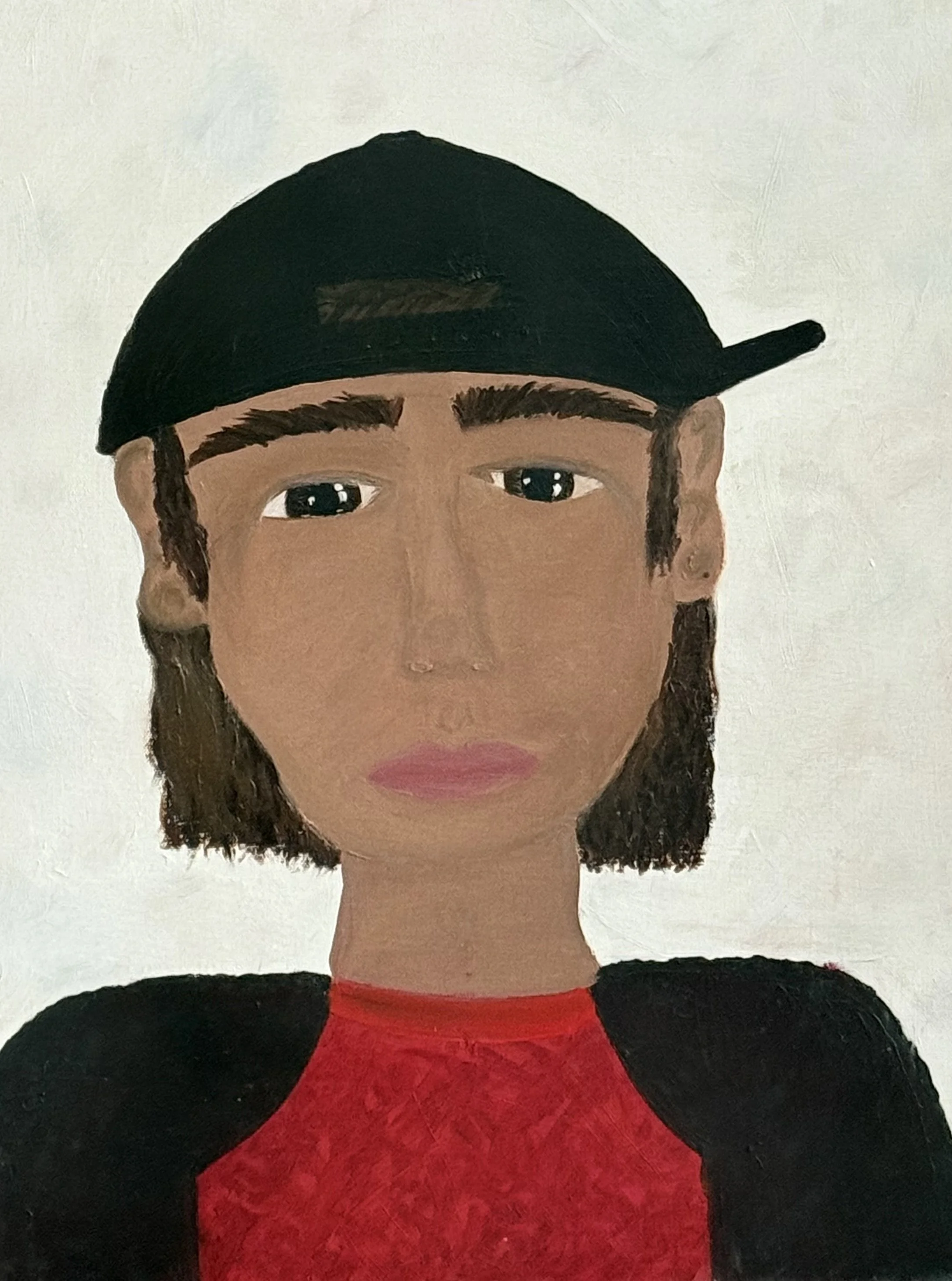 Painting of a woman with short brown hair, wearing a black baseball cap, a red shirt, and a black jacket, against a plain white background.