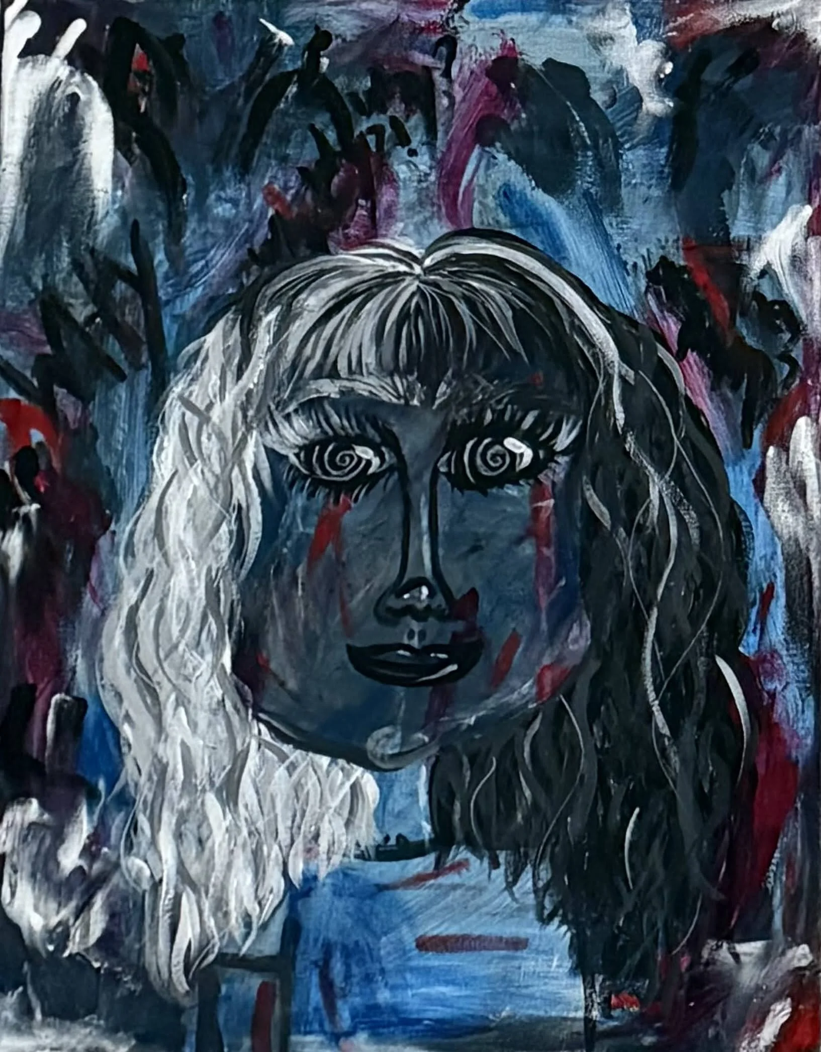 Abstract painting of a woman's face with exaggerated features, surrounded by dark and vibrant brushstrokes.