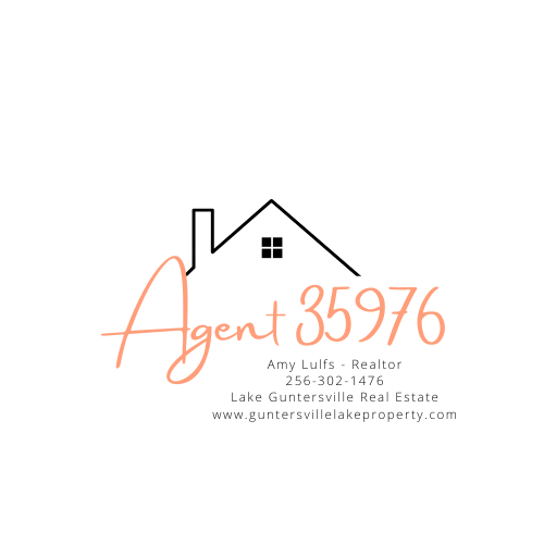 Logo featuring a house outline with "Agent 35976" in large script, contact information for Amy Lulfs, a realtor at Lake Guntersville Real Estate, and a website URL.