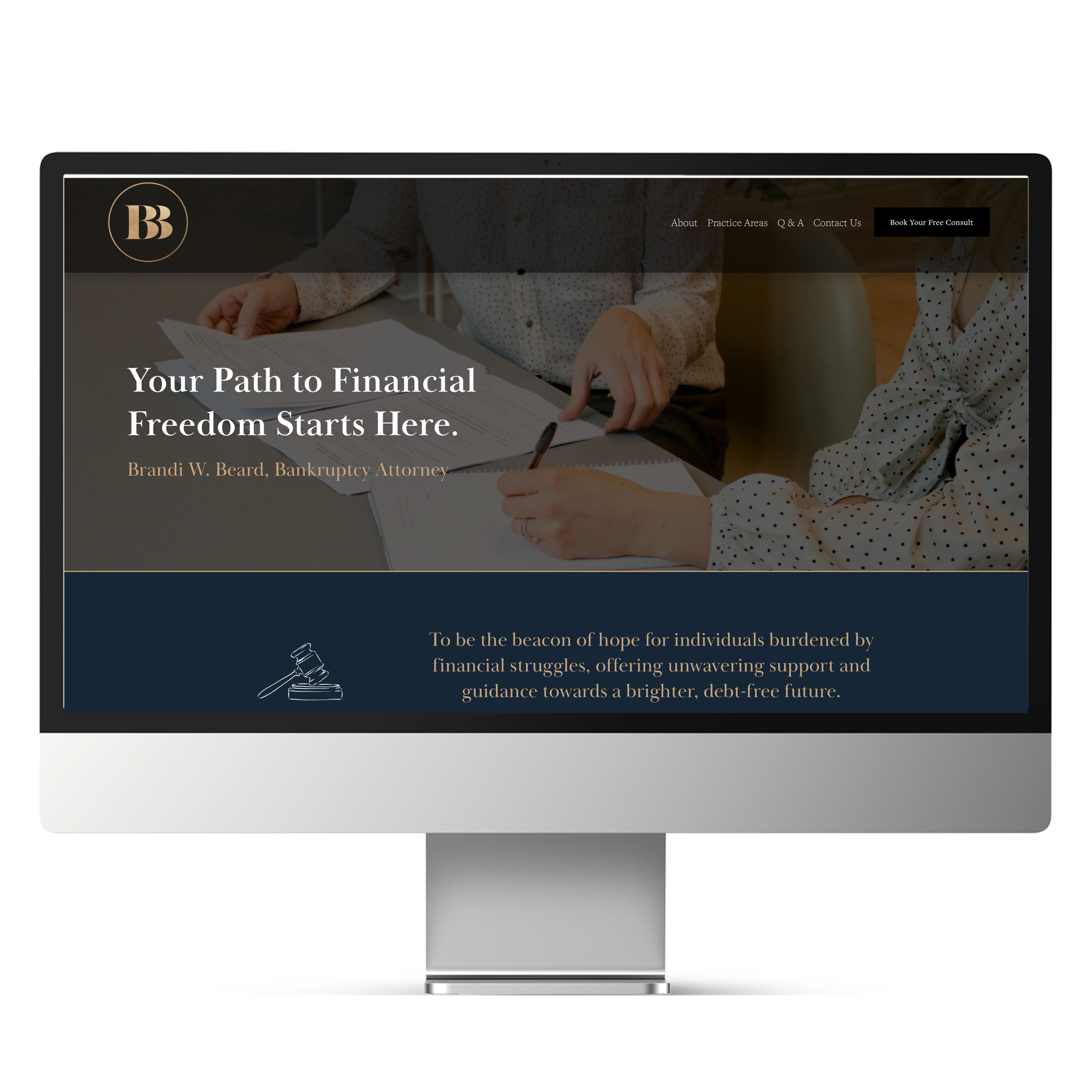 Homepage of a bankruptcy attorney's website with a headline 'Your Path to Financial Freedom Starts Here' and a photo of two people discussing documents at a table. Be simply social client website.