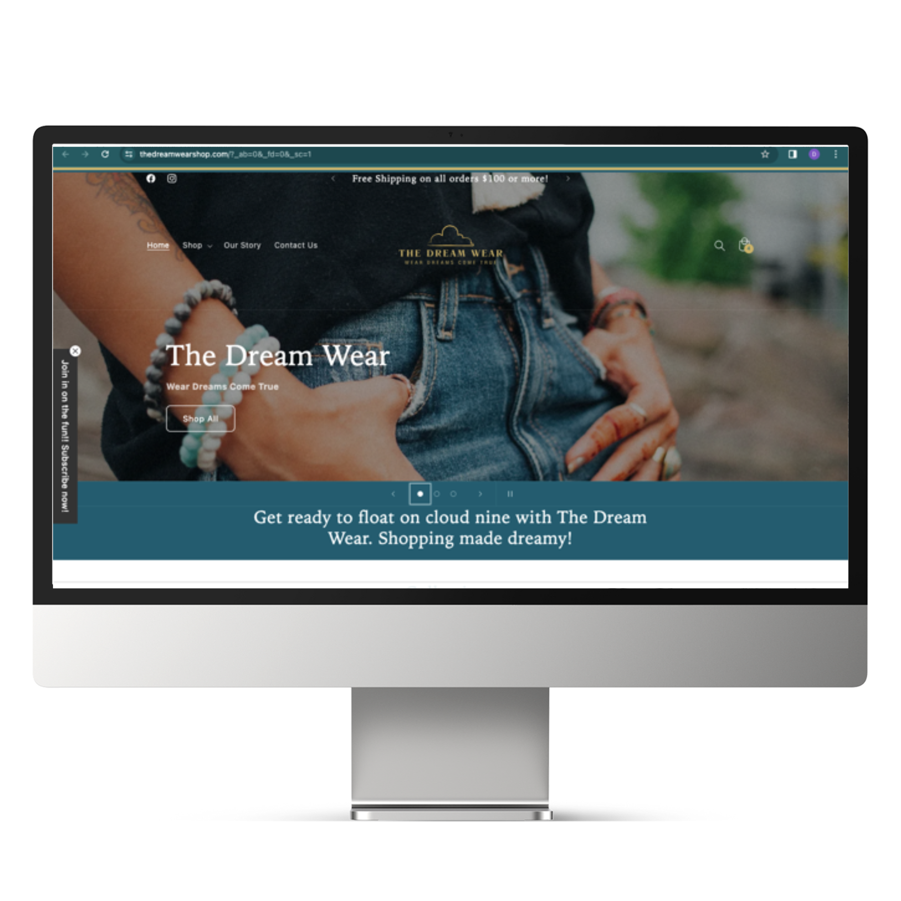 Be simply social client website. Screenshot of a website titled 'The Dream Wear' featuring a person wearing denim jeans and a bracelet, with a 'Shop All' button and a navigation menu including 'Home,' 'Shop,' 'Our Story,' and 'Contact Us.'