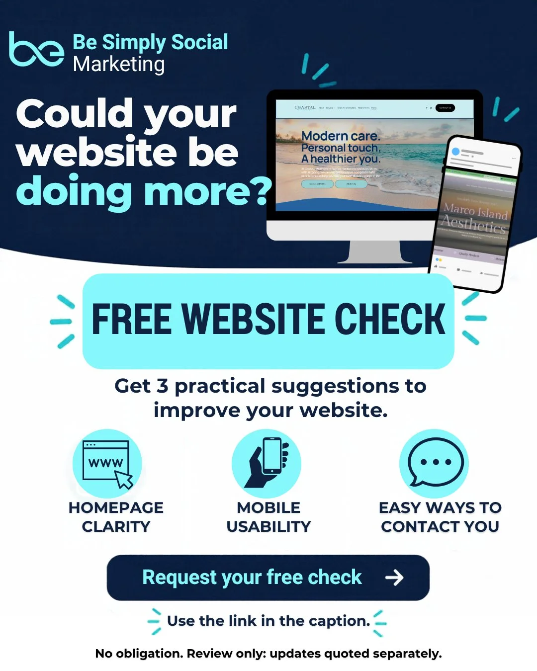 Could your website be doing more?

Your website should make it easy for people to understand your business and take the next step.

I&rsquo;m offering a FREE Website Check! I&rsquo;ll review your homepage, mobile layout, and contact options, then ema
