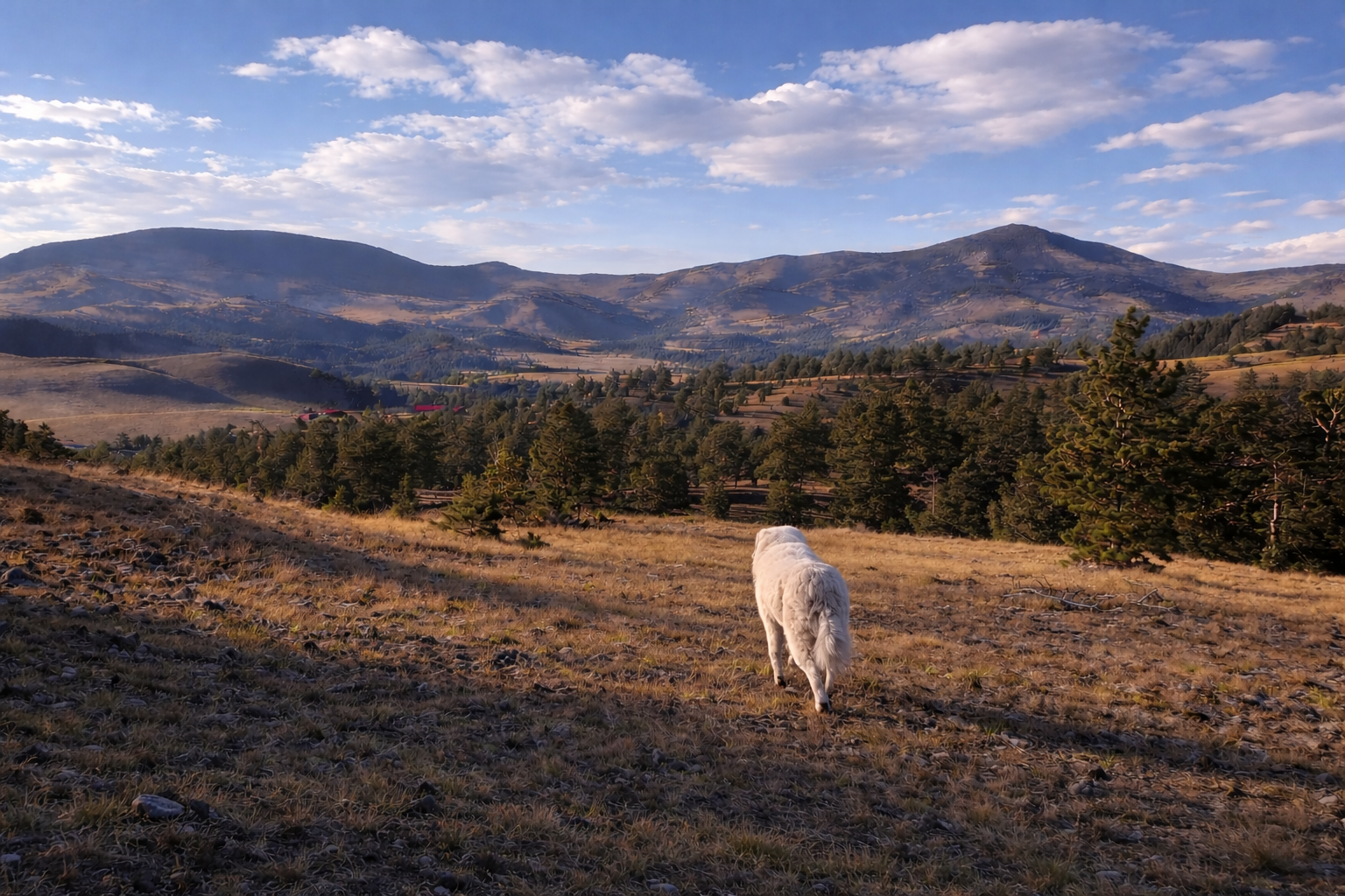 A white dog walking away in a grassy hillside with pine trees, mountains, and a partly cloudy sky in the background.