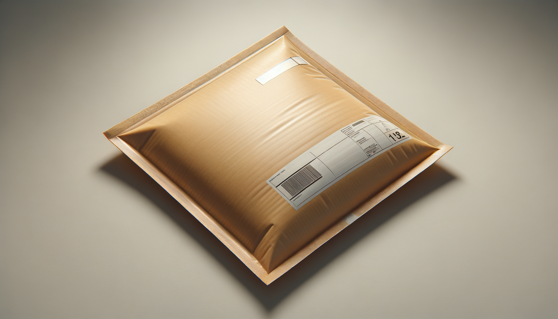A sealed gold-colored padded envelope with a shipping label, placed on a plain light-colored surface.