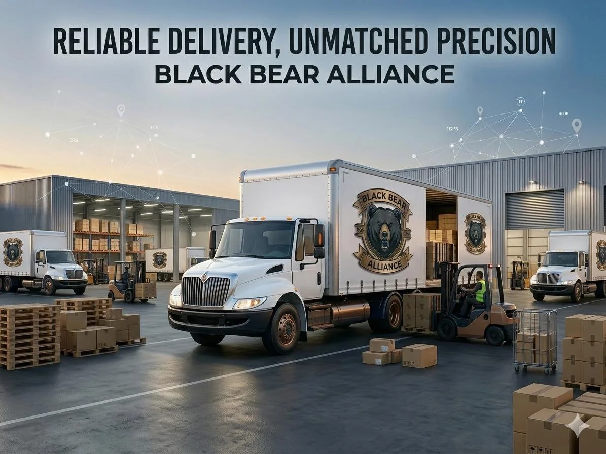 Warehouse with trucks and forklift, featuring Black Bear Alliance logos, loading boxes for delivery.