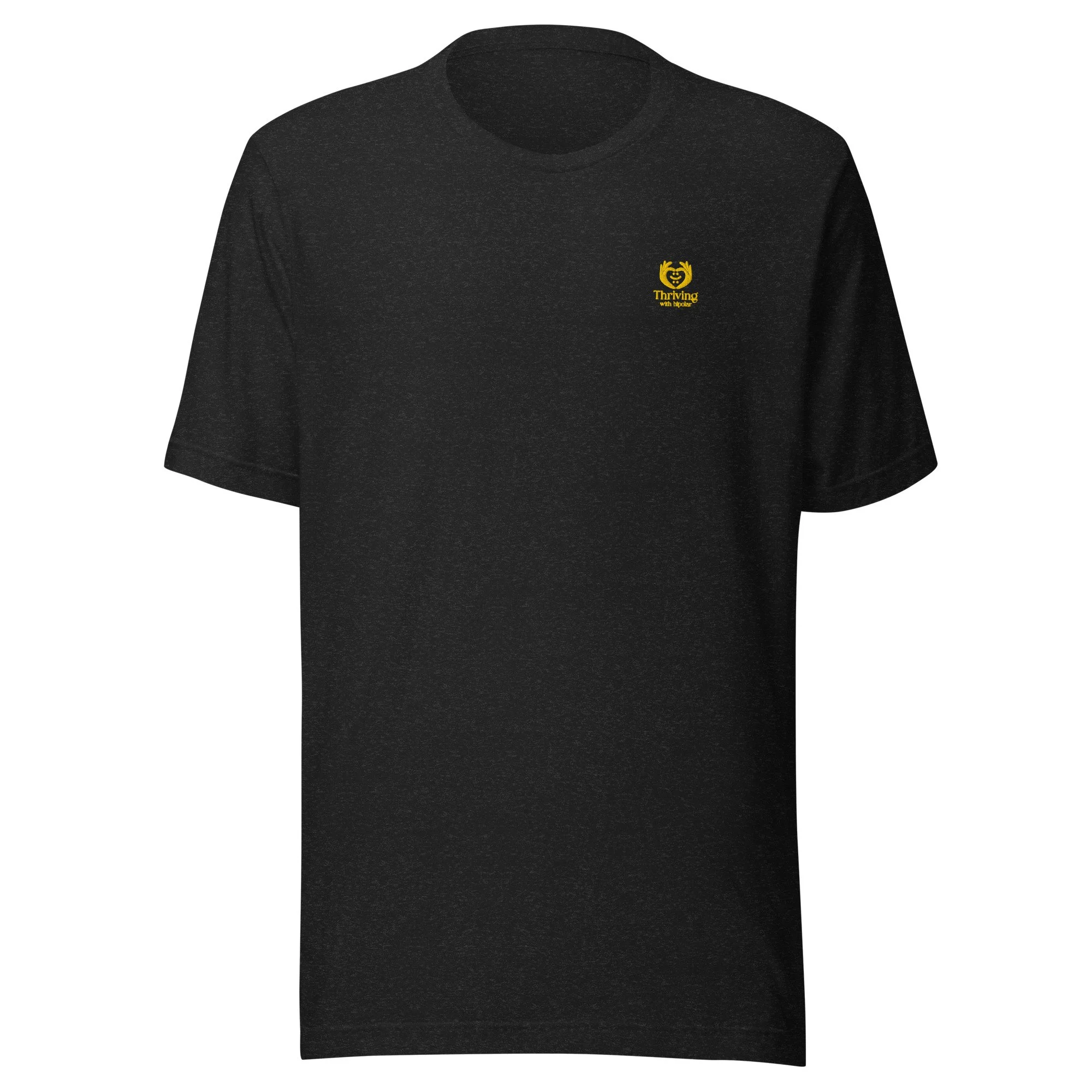 Black T-shirt with a small gold logo on the left chest area that features a stylized smiling face with arms raised and the words "Thriving" and "with hope" underneath.