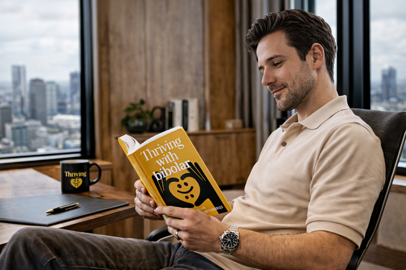 A man sitting in an office chair reading a book titled "Thriving with Bipolar" with a smile on his face. On the desk, there is a black mug with the same title and a smiley face logo, a notebook, and a pen. The office has large windows showing a cityscape outside.