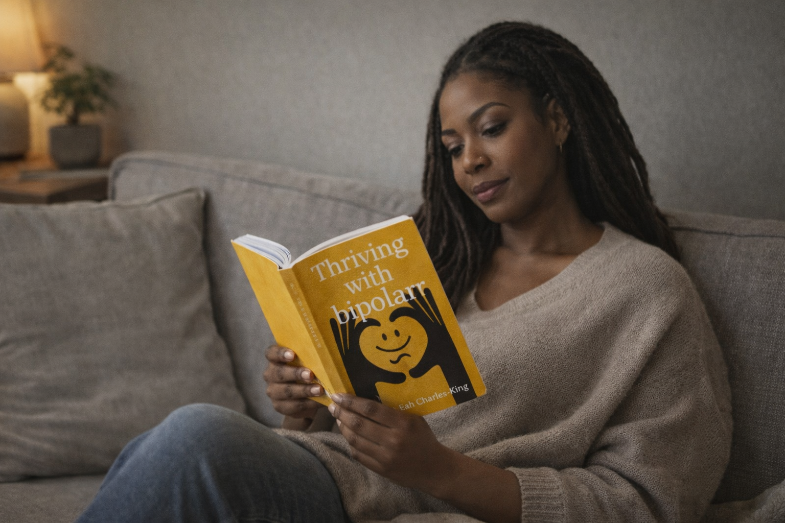 A woman with long dreadlocks sitting on a gray sofa, reading a yellow book titled "Thriving with Bipolar" in a cozy living room.