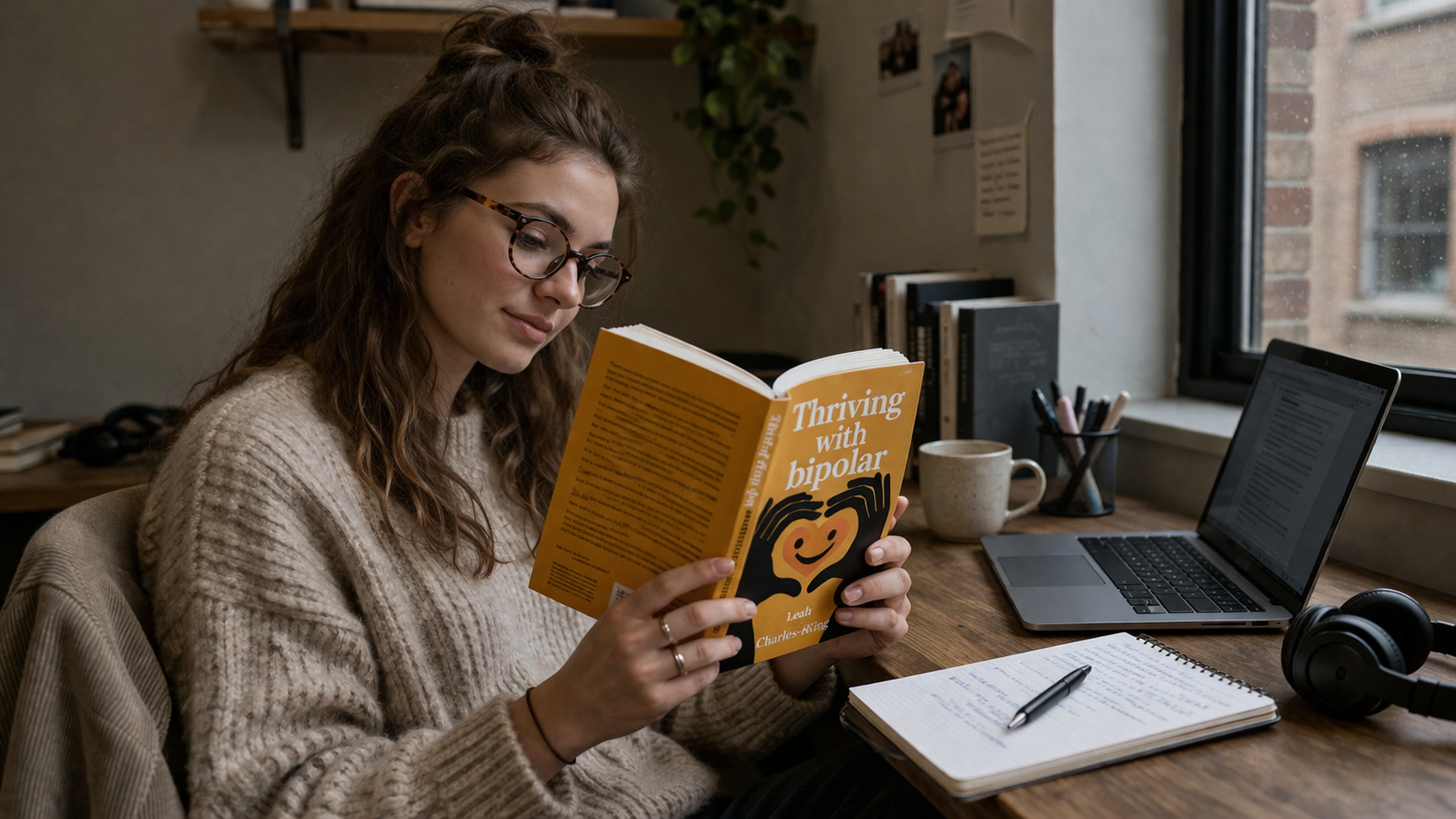 A young woman with glasses and a beige sweater sitting at a wooden desk, reading a yellow book titled 'Thriving with bipolar'. There is a notebook with writing, a pen, a laptop, a cup, headphones, and a container with pens on the desk, with a window showing a brick building outside.