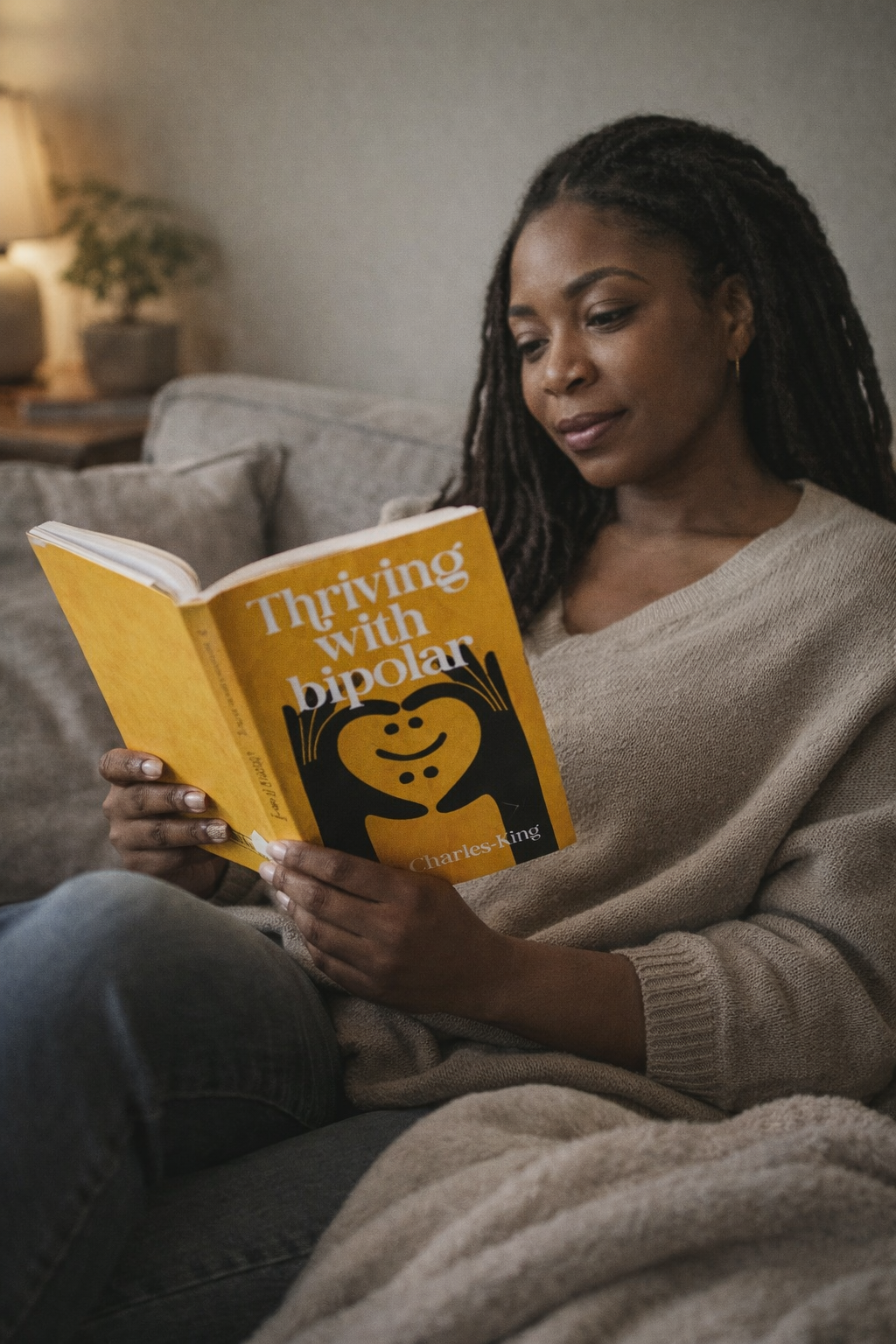 A woman with dreadlocks sitting on a couch and reading a yellow book titled "Thriving with Bipolar" by Leah Charles King.