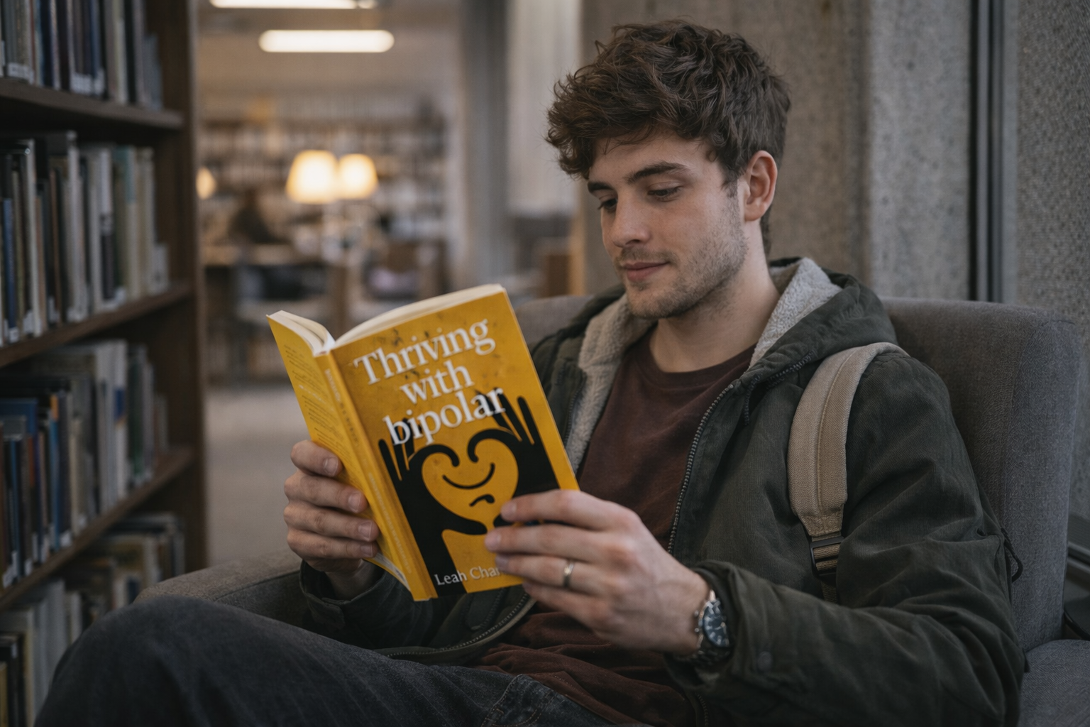 A young man with brown hair sitting in a library, reading a yellow book titled 'Thriving with bipolar' by Leah Charles-King who is a TV Presenter, Black mental health advocate, author, speaker, female activist,  and Bipolar UK ambassador