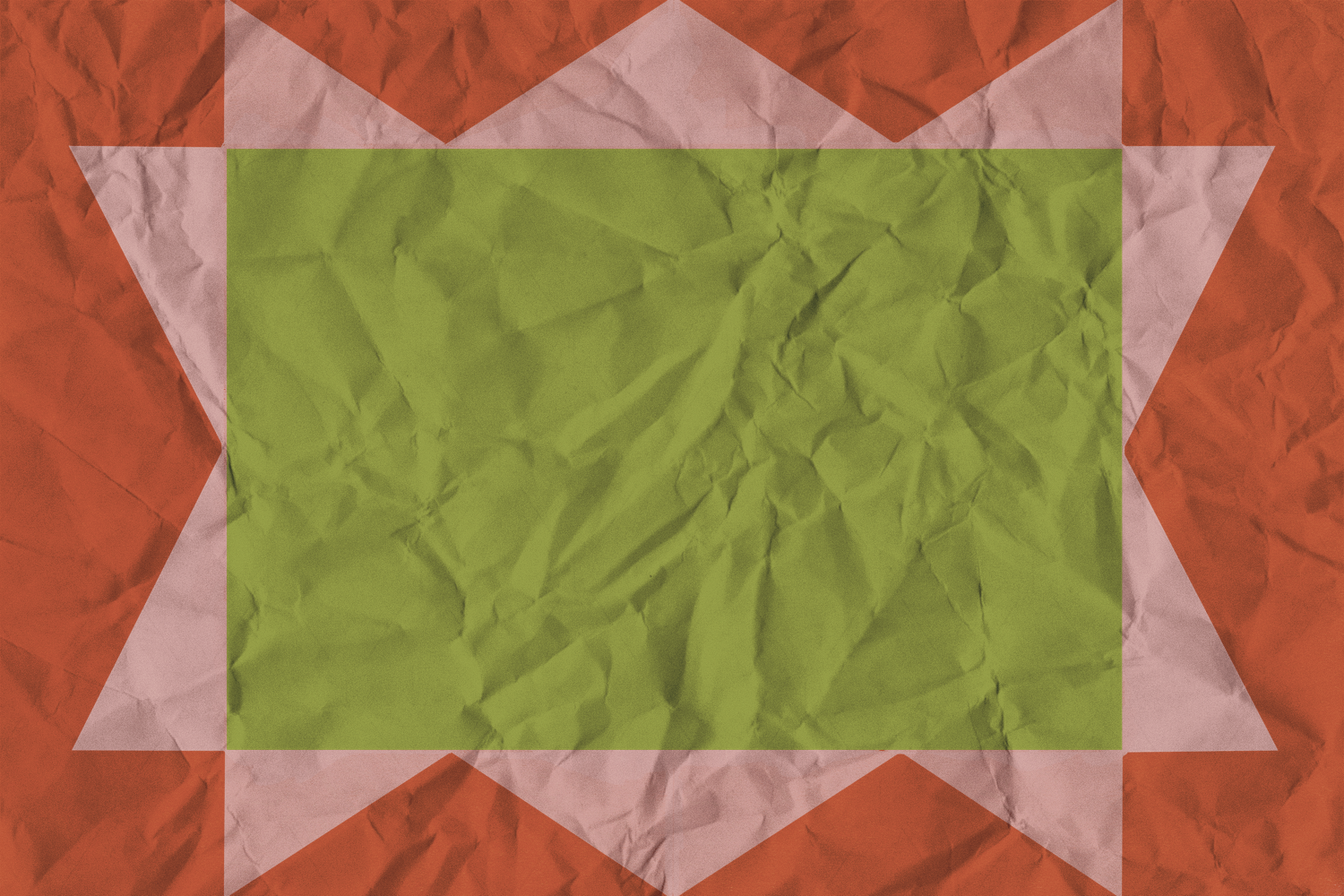 Pink, orange, and green sawtooth star quilt block pattern on crinkled paper