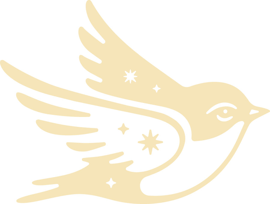 A stylized illustration of a bird with stars inside and around it, in a minimalist design with cream color on a black background.