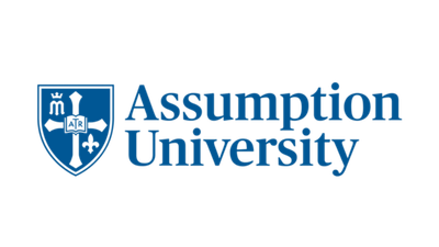 Assumption University logo with a shield and text in blue.