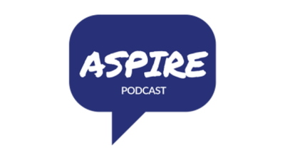 Logo for the ASPIRE Podcast featuring a blue speech bubble with white text