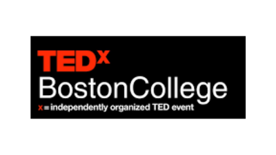 TEDx Boston College logo with black background and red and white text.