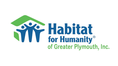 Habitat for Humanity of Greater Plymouth, Inc. logo with a house roof over three blue human figures and the organization’s name in blue and green text.