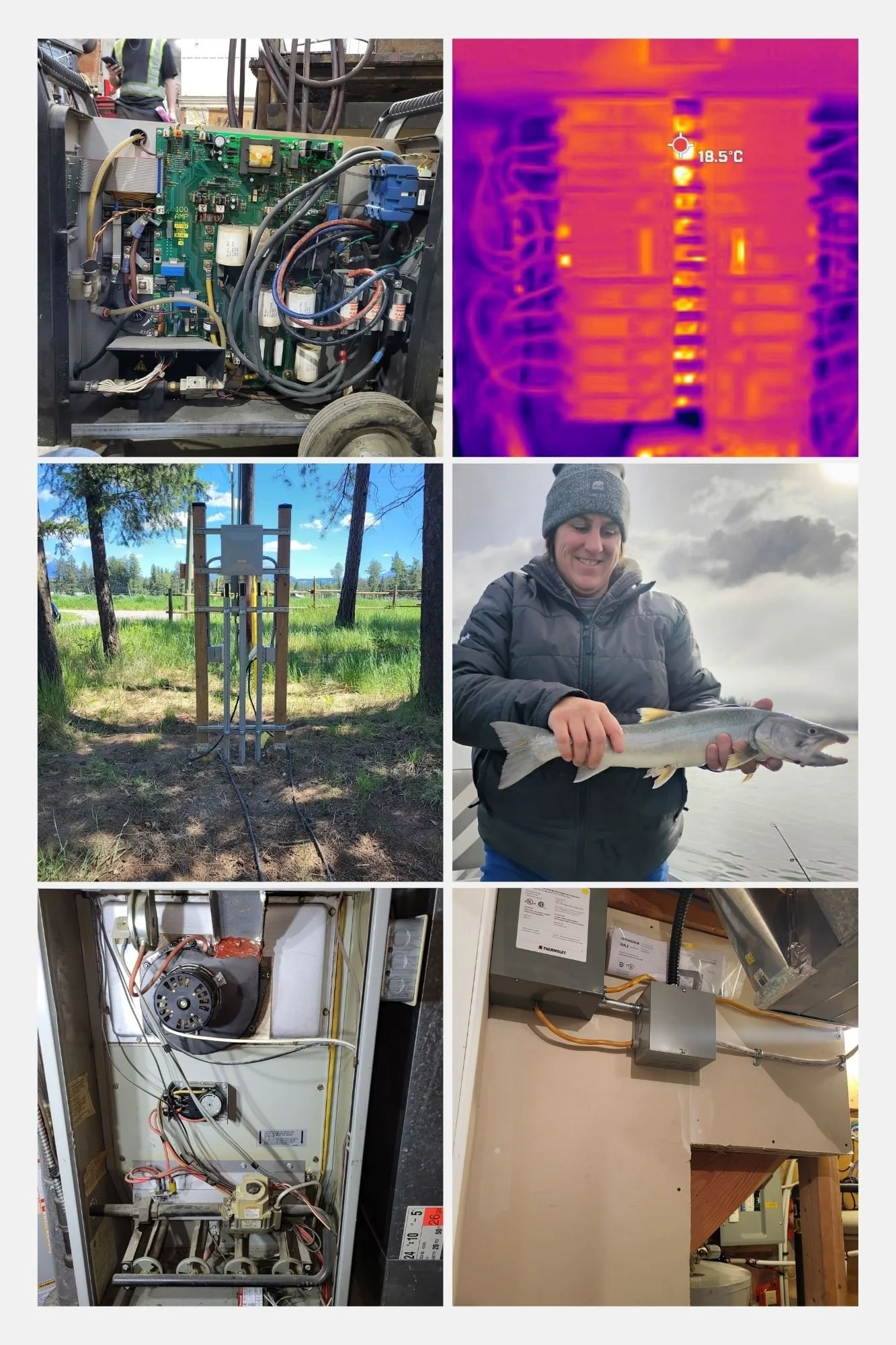 Top left: An open electrical panel with circuit boards and wiring. Top right: Thermal image of electronic equipment showing a temperature of 18.5°C. Middle left: A weather station with sensors in a grassy outdoor area. Middle right: A person in a gray beanie jacket holding a fish near a body of water. Bottom left: The inside of an electrical device or control panel with wiring and components. Bottom right: An electrical or HVAC component with wiring and box mounted on a wall.