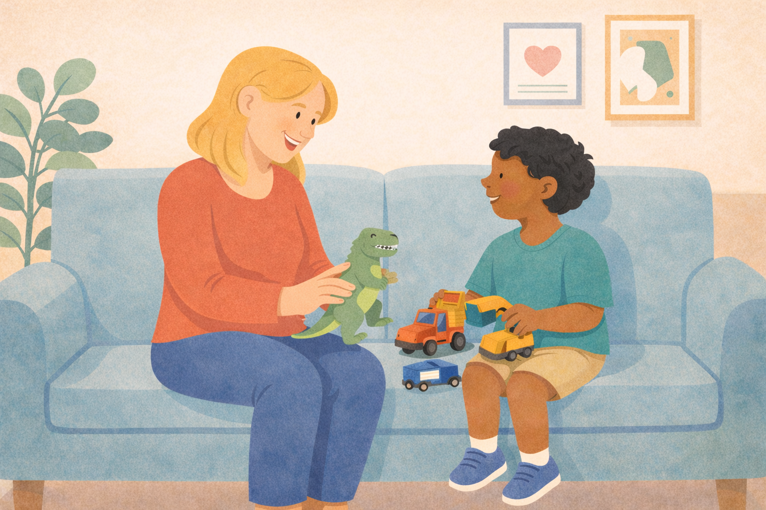 A woman and a boy sitting on a light blue sofa, playing with toys including a toy dinosaur and toy trucks in a living room with framed pictures on the wall and a potted plant.