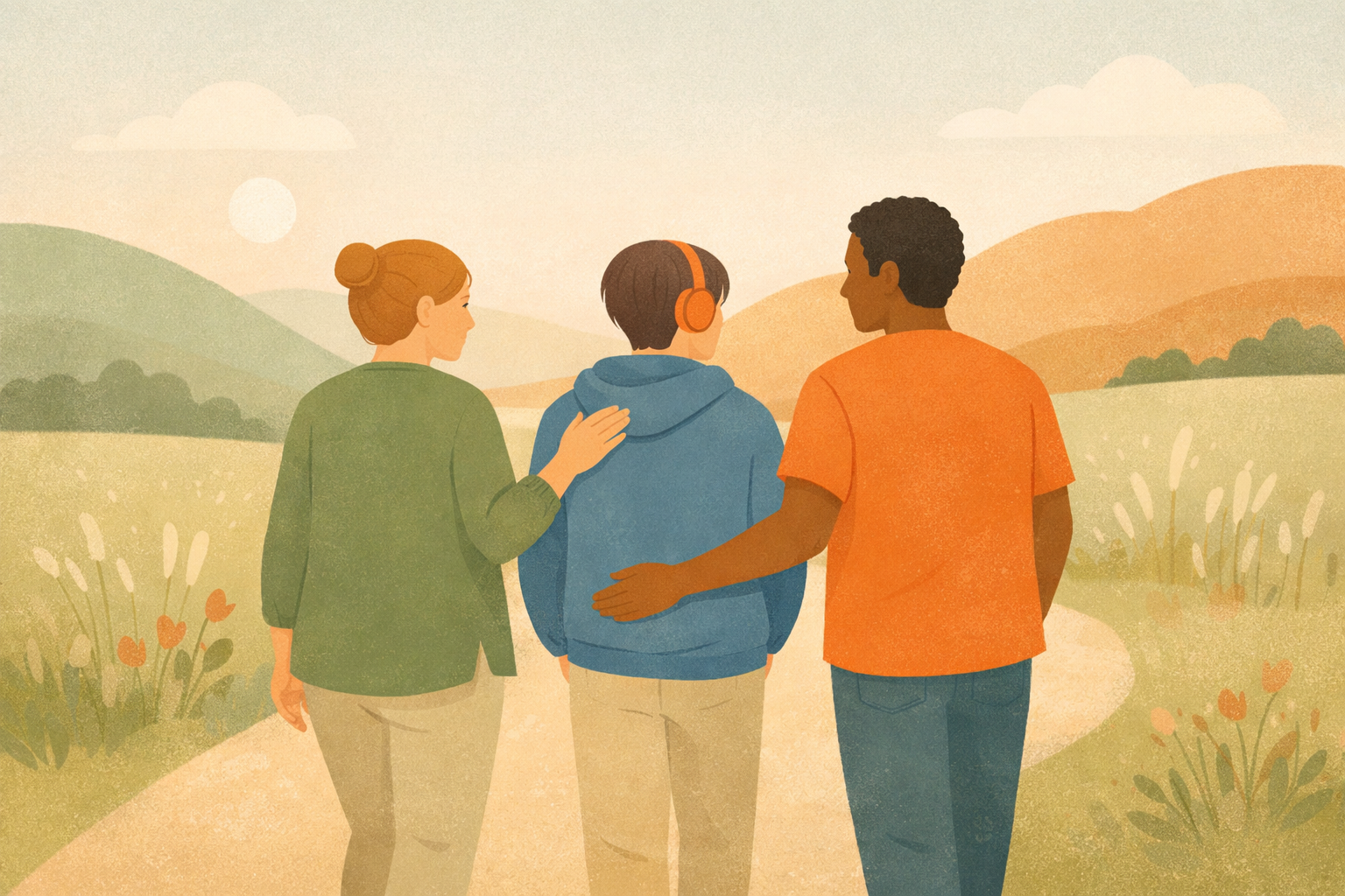 Three friends walking together on a country path during sunrise or sunset, with hills and flowers in the background.