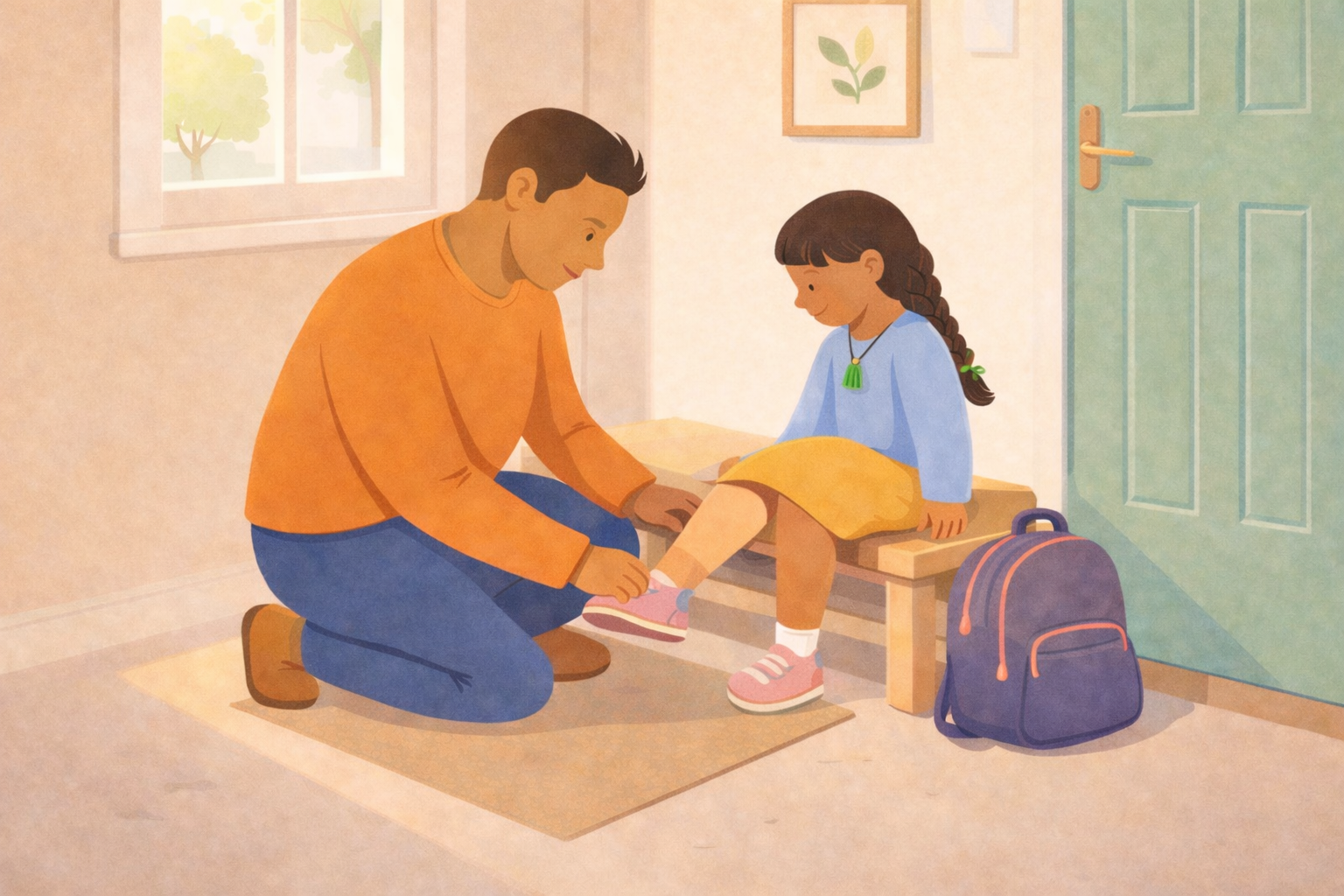 An adult male helping a young girl put on her shoe. The girl is sitting on a small wooden bench with a backpack on the floor beside her. They are in a cozy, well-lit room with a window showing trees outside. The girl wears a blue top, yellow skirt, and pink sneakers, while the man wears an orange top and jeans.