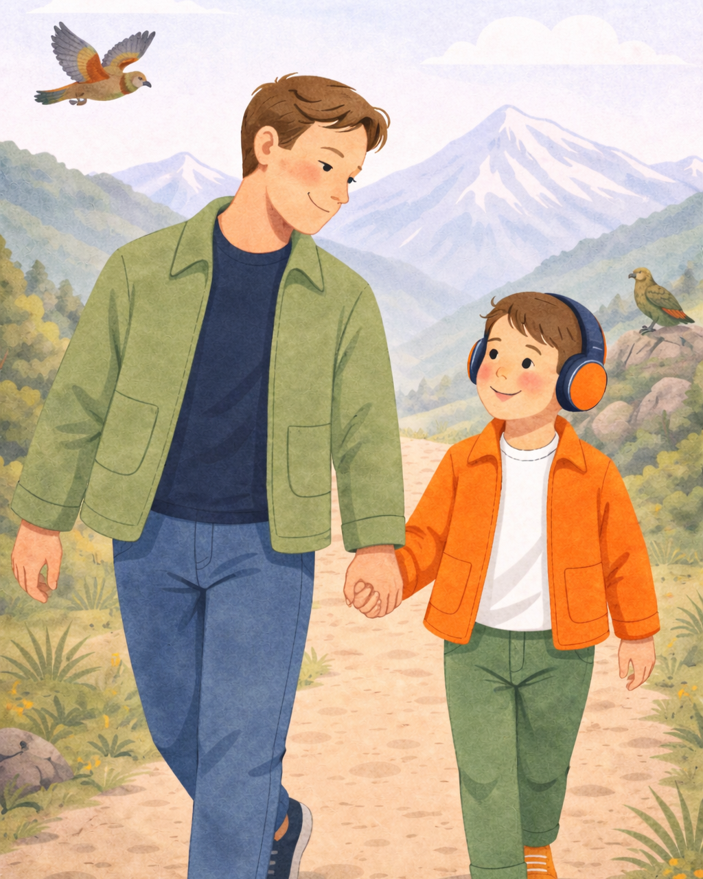 An adult and a child walking hand in hand on a trail in a mountain landscape. The adult is wearing a green jacket and blue jeans, and the child is wearing an orange jacket with headphones, white shirt, and green pants. There are mountains, trees, and birds in the background.