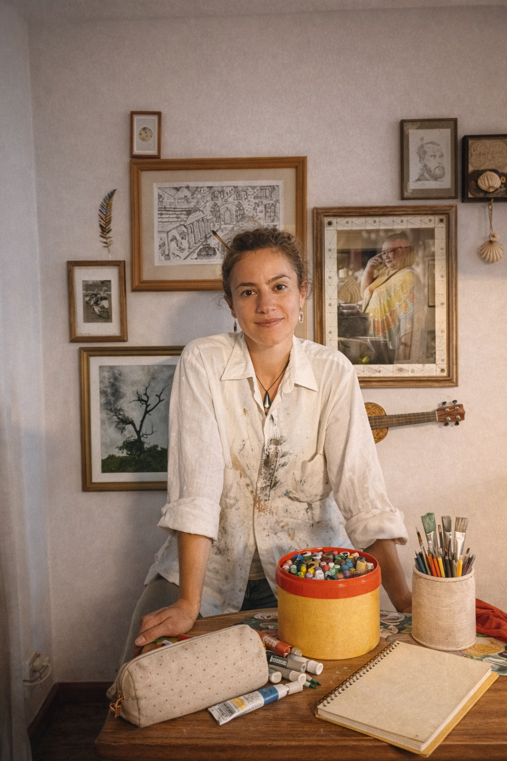A woman in a white smock standing behind a table with art supplies, including markers, paints, brushes, and a sketchbook, in an art studio or workspace with framed artwork on the wall.
