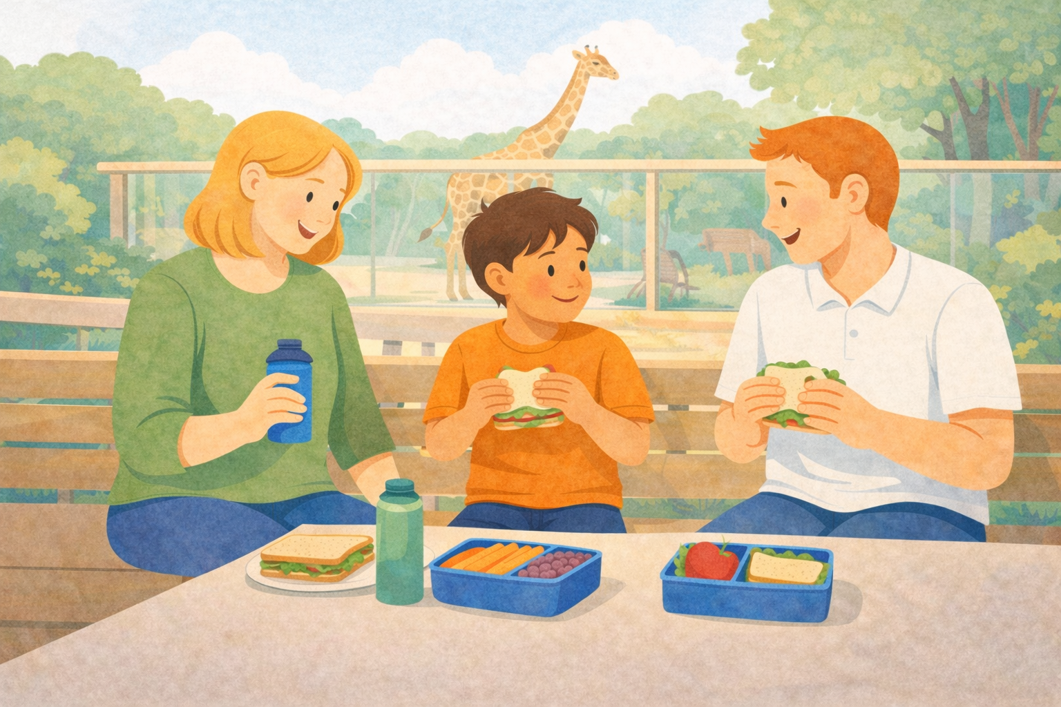 A family of three having a picnic at an animal enclosure with a giraffe in the background. The mother and father are holding sandwiches, while the child is also eating a sandwich. There are various snacks and drinks on the table.