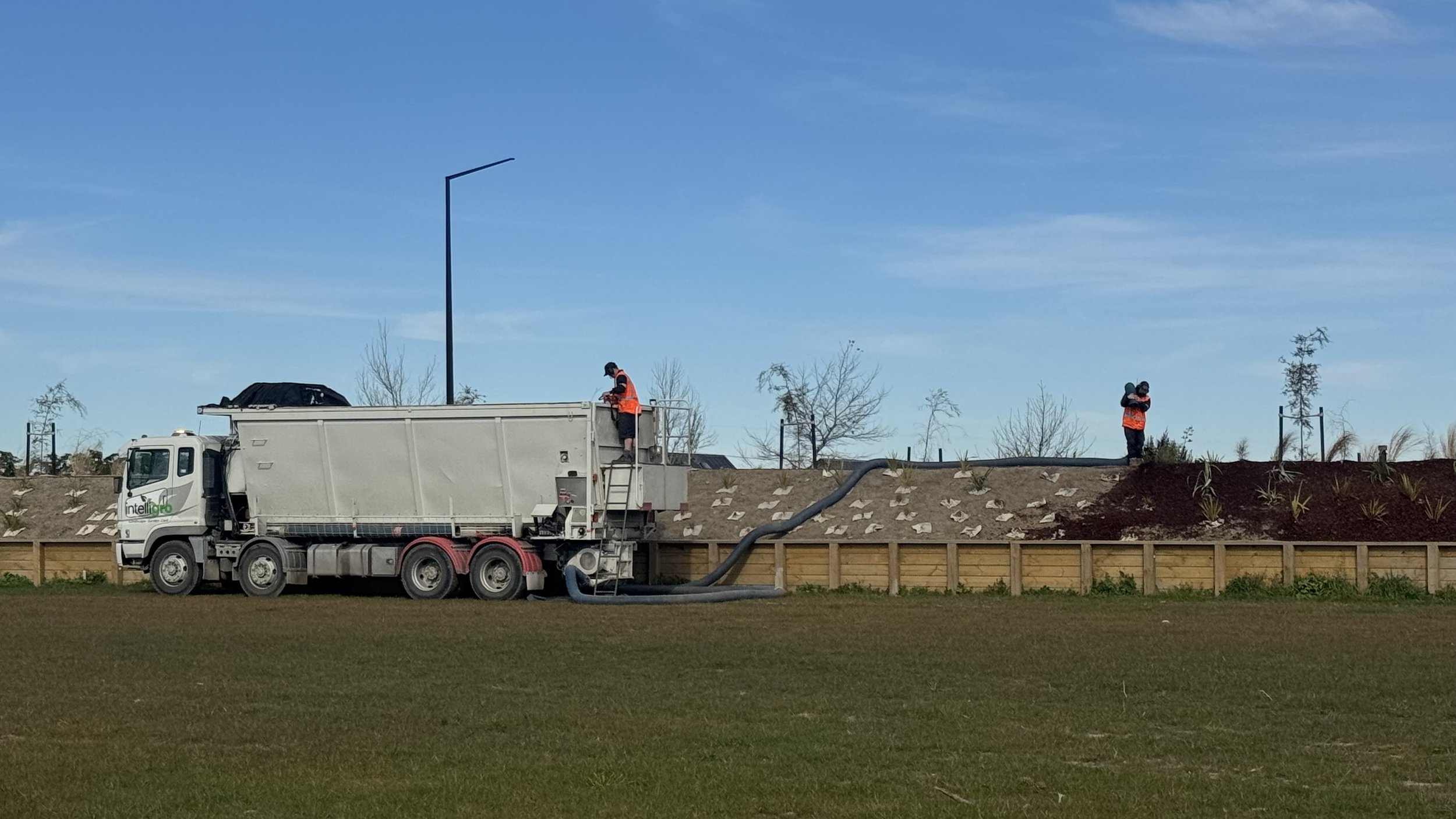 Workers in orange vests unload materials from a truck into a landscaped area with small trees and plants under a blue sky.