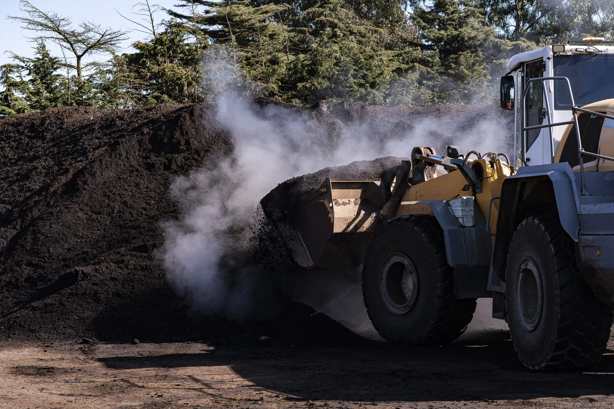 A construction vehicle spreading dark soil or asphalt on a road construction site, with trees in the background and steam or dust rising from the ground.