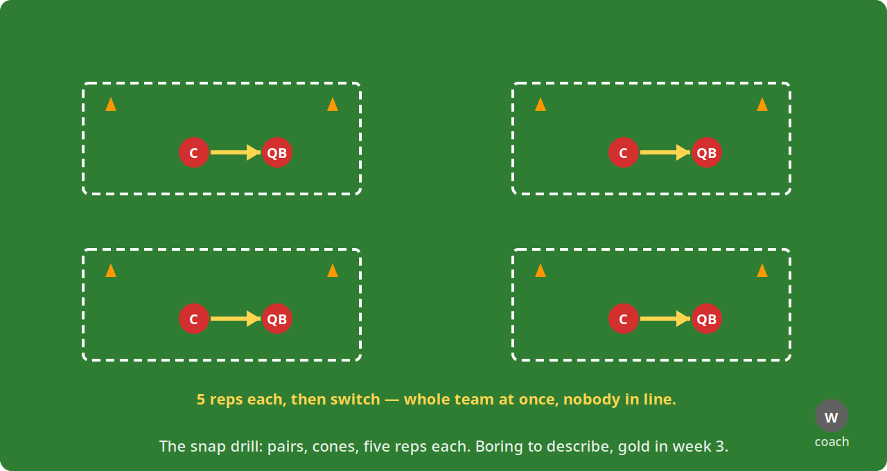 The pair drill: every kid snapping and receiving at once: five minutes, whole team.