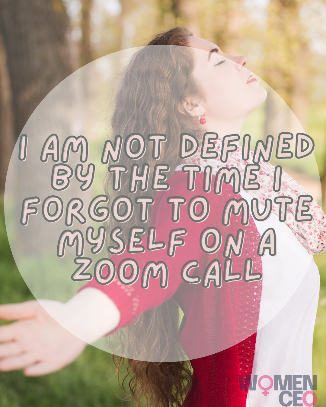 A woman relaxing outdoors with her arms outstretched and her eyes closed, wearing a red sweater and floral shirt, in a peaceful setting with trees.
