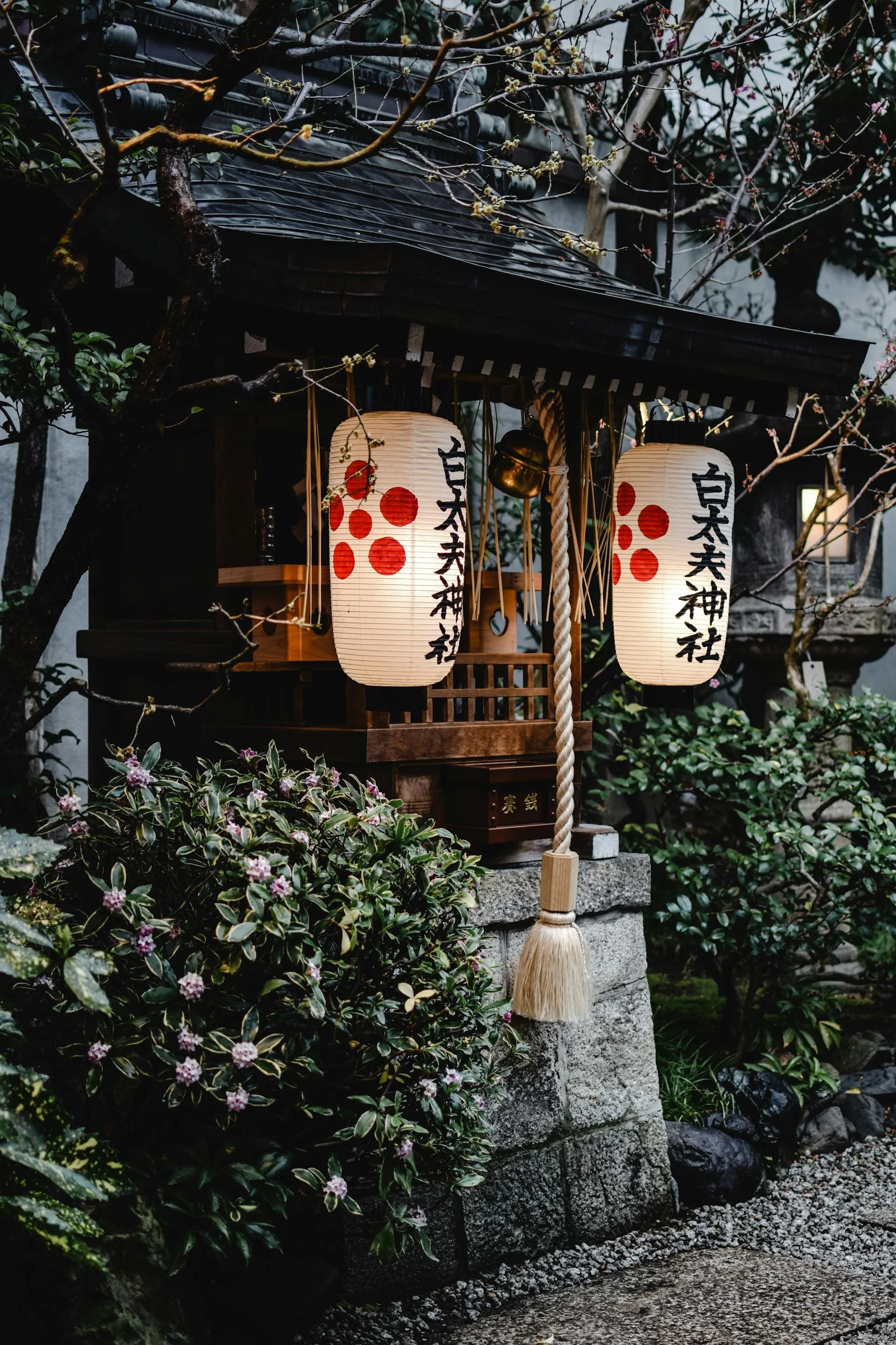 A Japanese shrine with paper lanterns hanging, surrounded by plants and trees, with a stone base and traditional architectural elements.