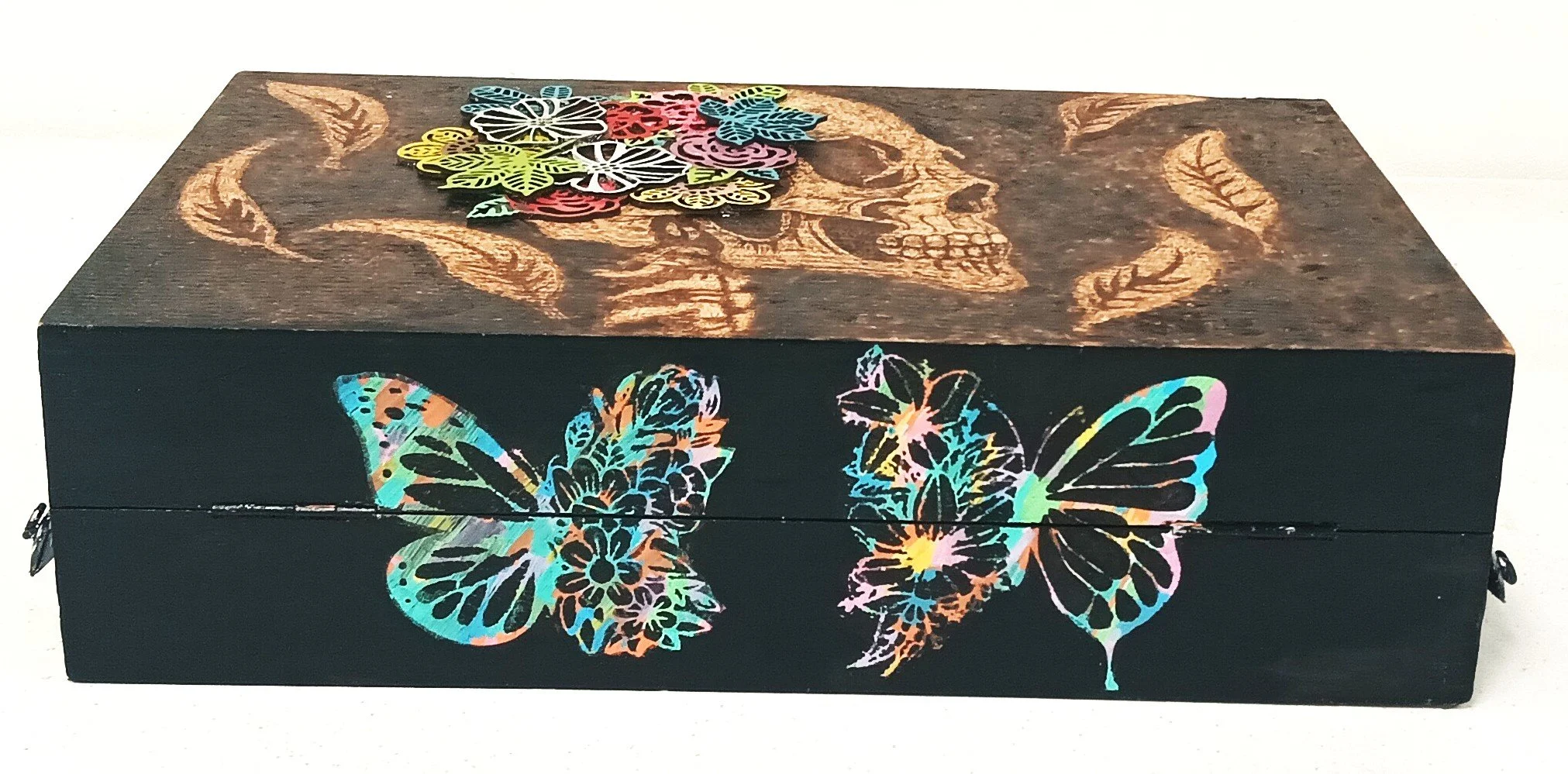 Brain Box (Closed) - Thrifted Wooden Box with Pyrography + Acrylic Paint