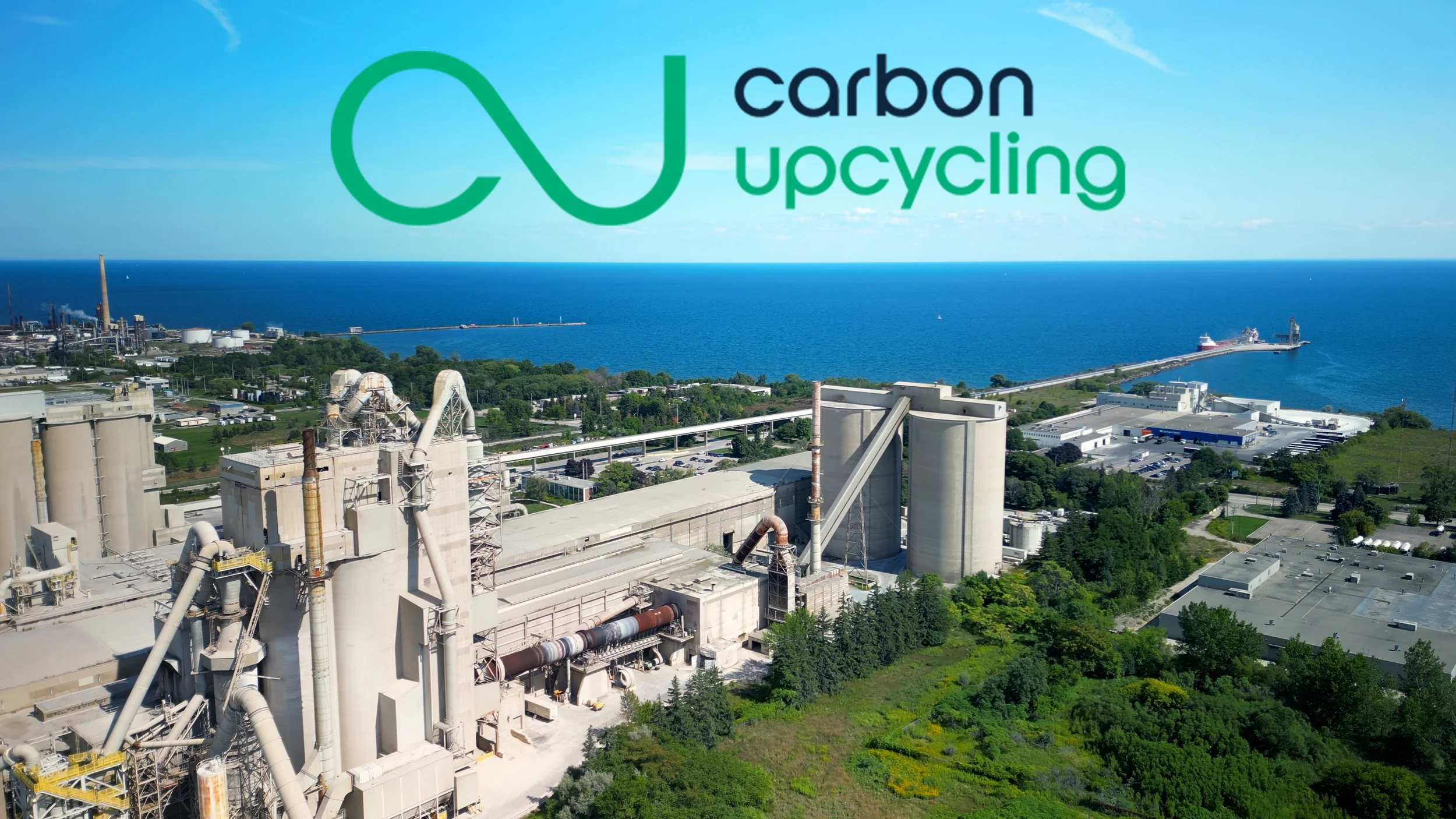 Carbon Upcycling Technologies logo on a background photos of a cement plant