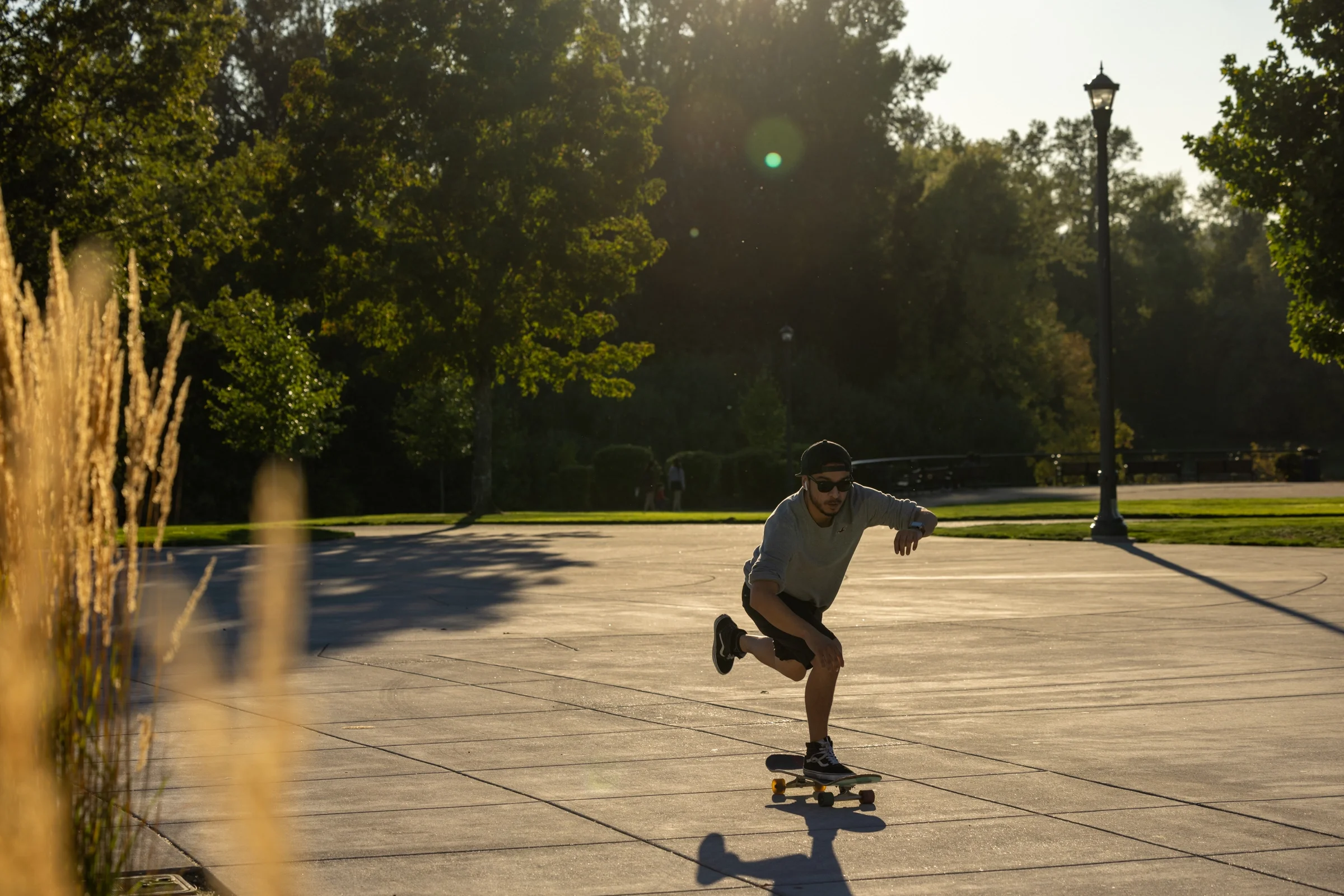 Image of a man on a skateboard at a park with nature around him