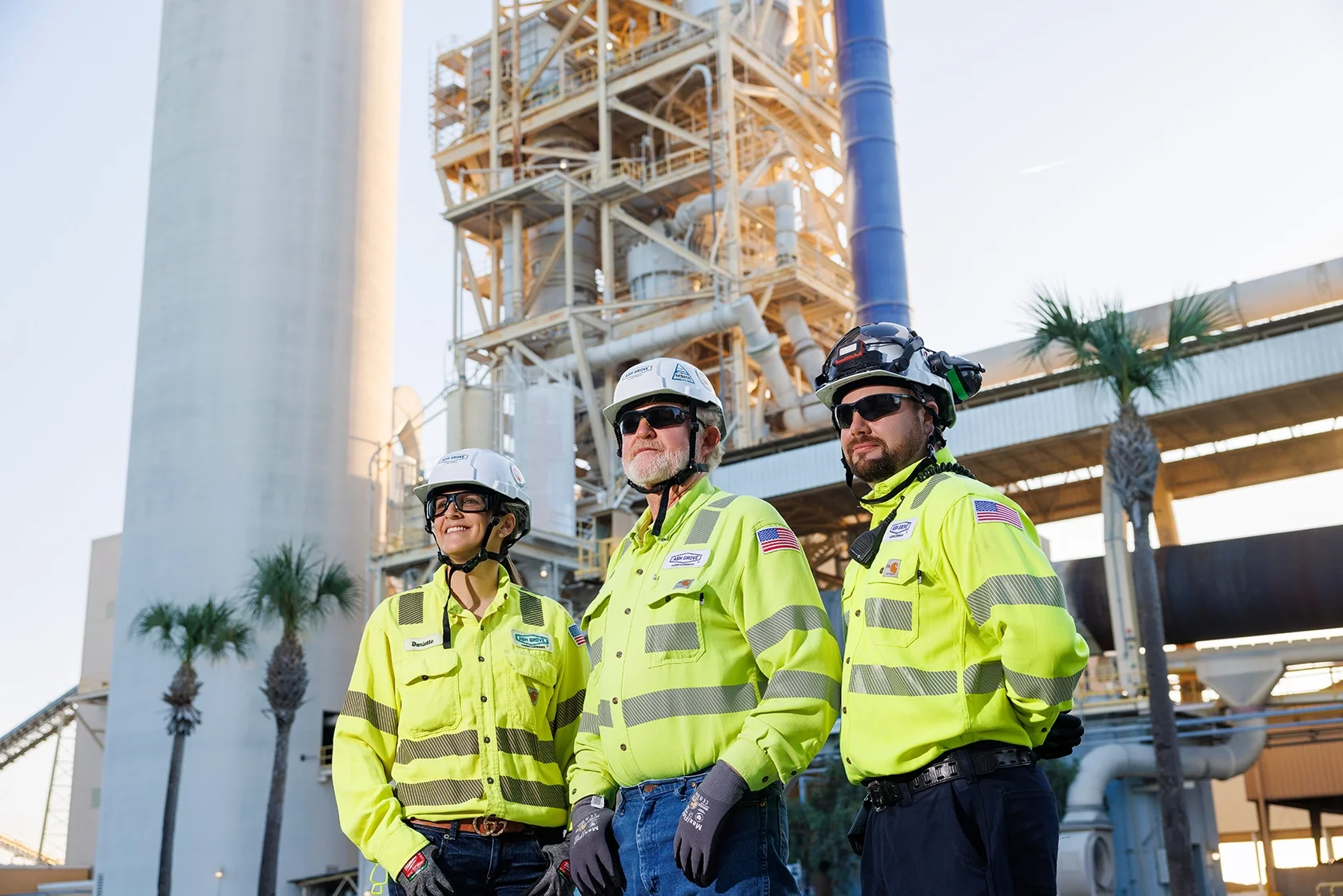Image of three workers in safety gear at a cement plant