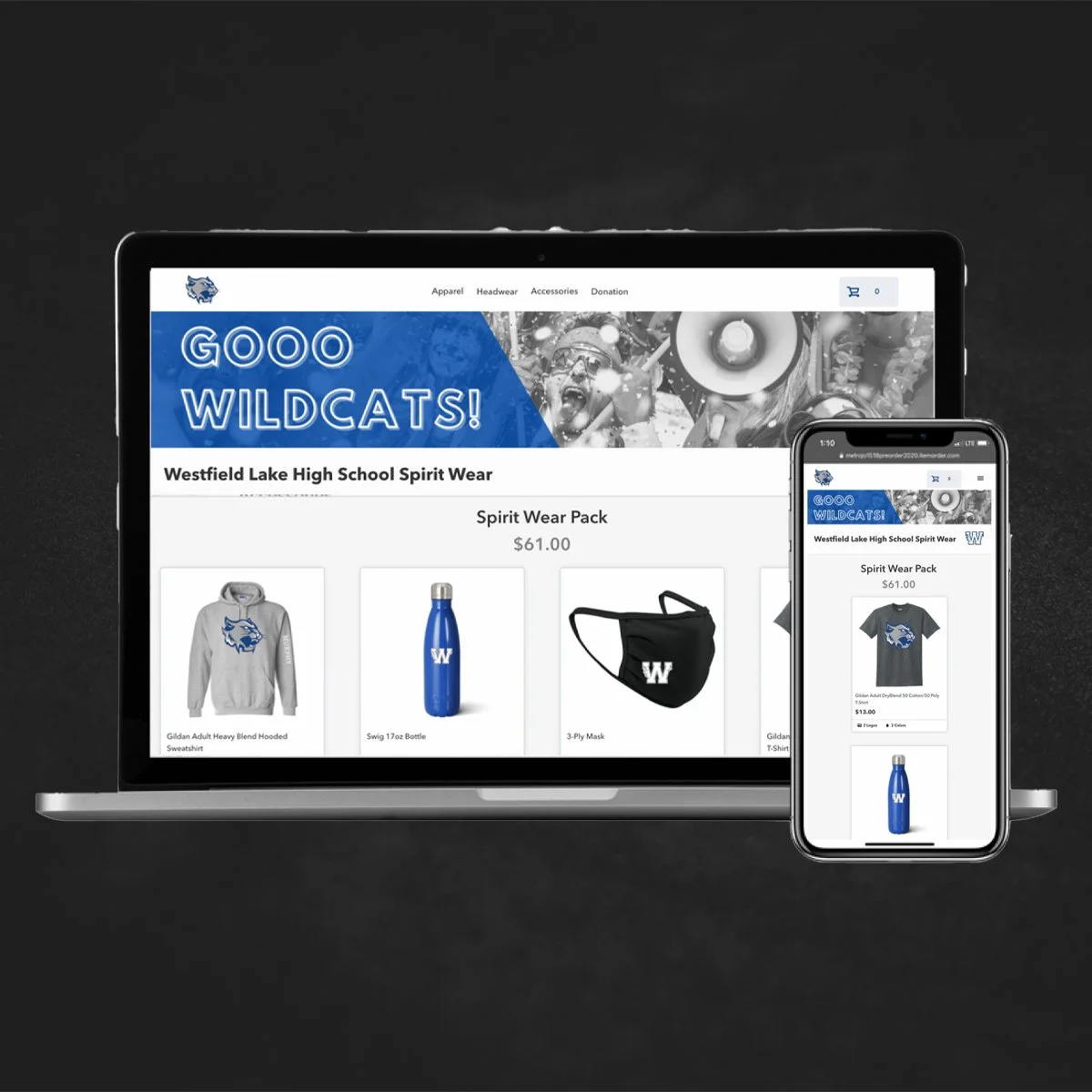 Laptop and smartphone mockup graphic displaying a custom online store that shows a hoodie, water bottle, face mask, and T-shirt, with a blue and white theme and the words "Goo Wildcats".