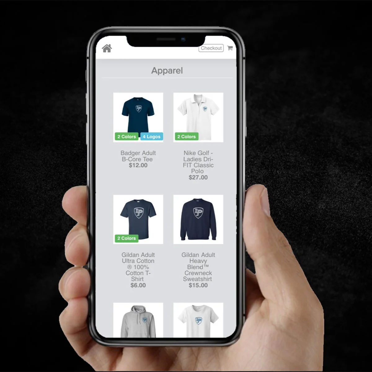 A smartphone displaying a custom online employee merch store with various shirts and sweatshirts.