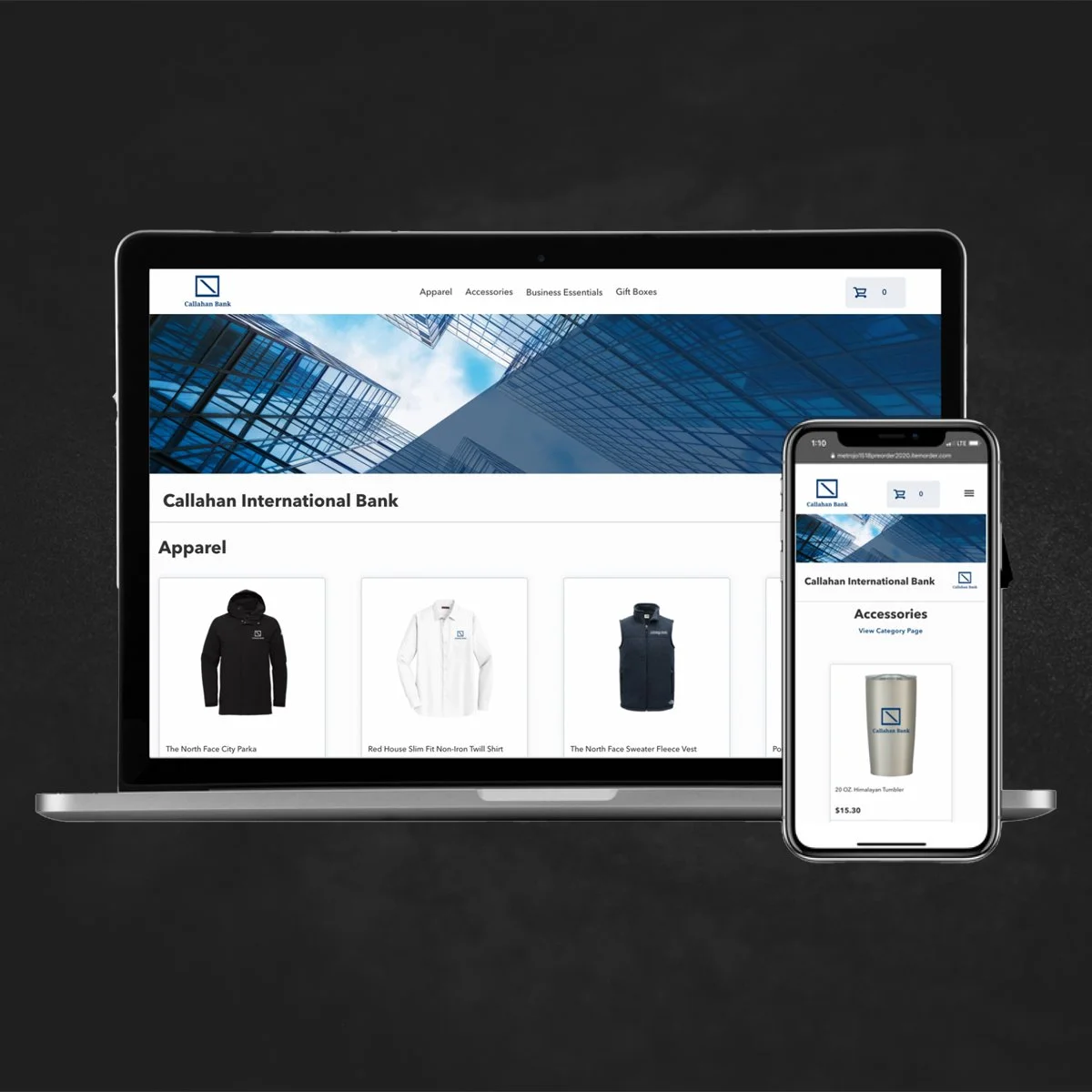 Laptop and smartphone mockup graphic displaying a custom online store example with apparel and accessories items.