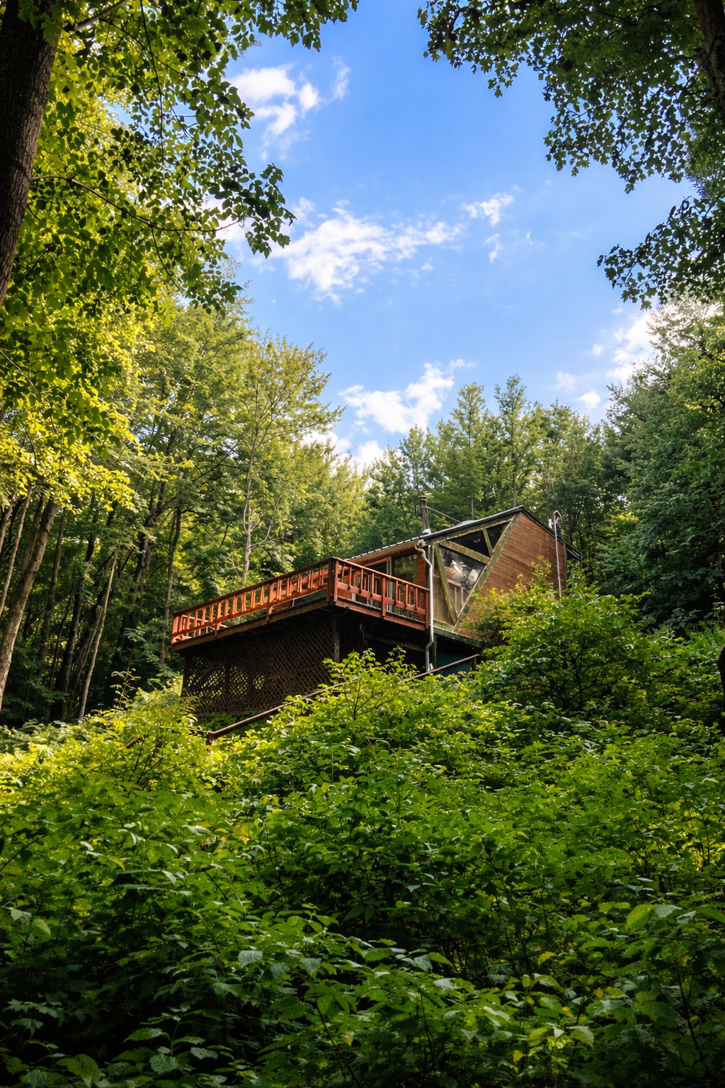 A small wooden house with a deck, perched on a hillside in a forest, under a blue sky with some clouds.