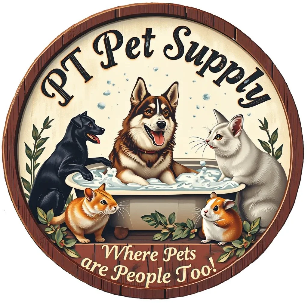 A circular sign with a wooden border that says "Pet Pet Supply" at the top and "Where Pets are People Too!" at the bottom. The center features a dog in a bath surrounded by three cats and two hamsters, with some green leaves.